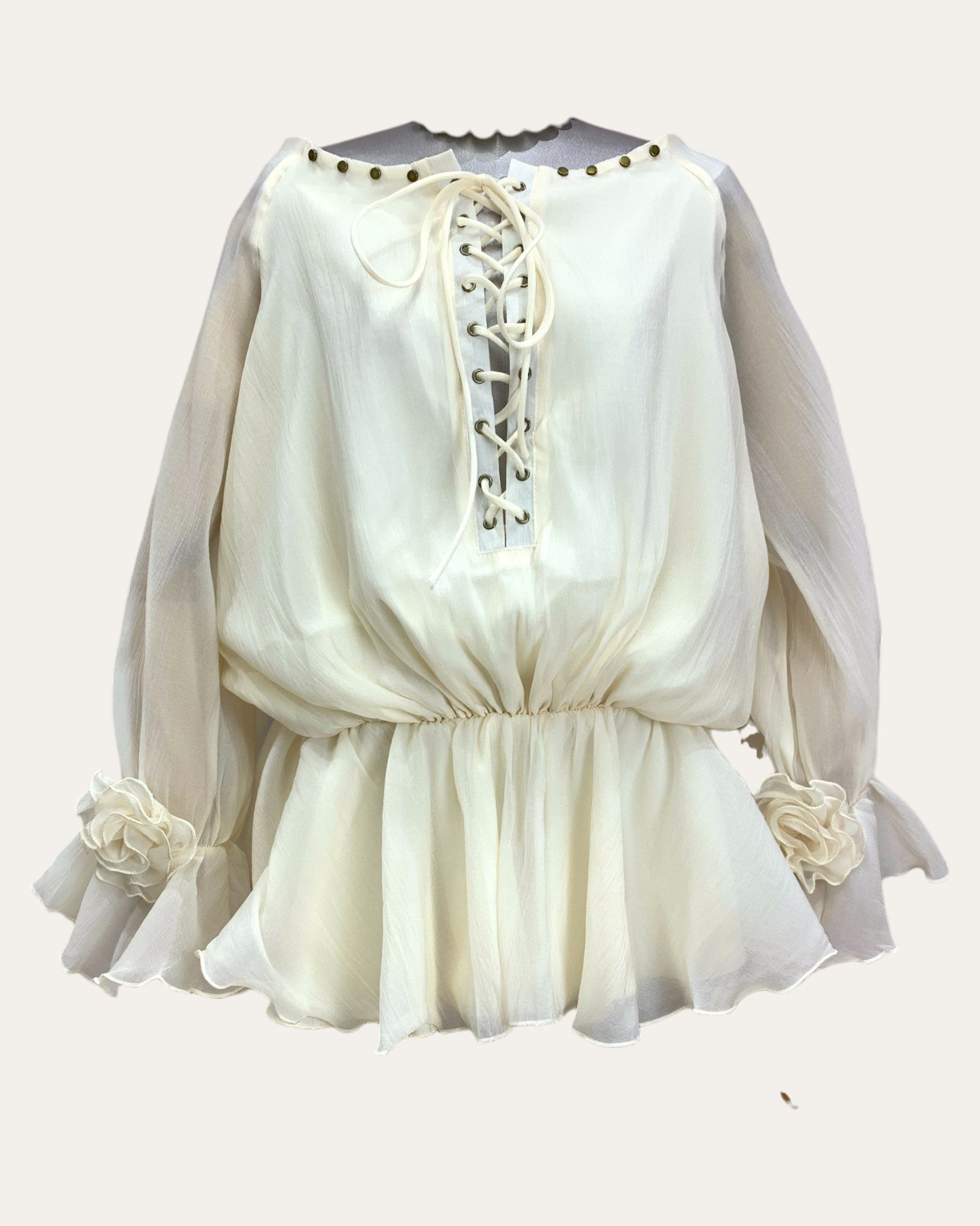 Lace-Up Ruffle Hem Off-Shoulder Dress with Rose Appliqué