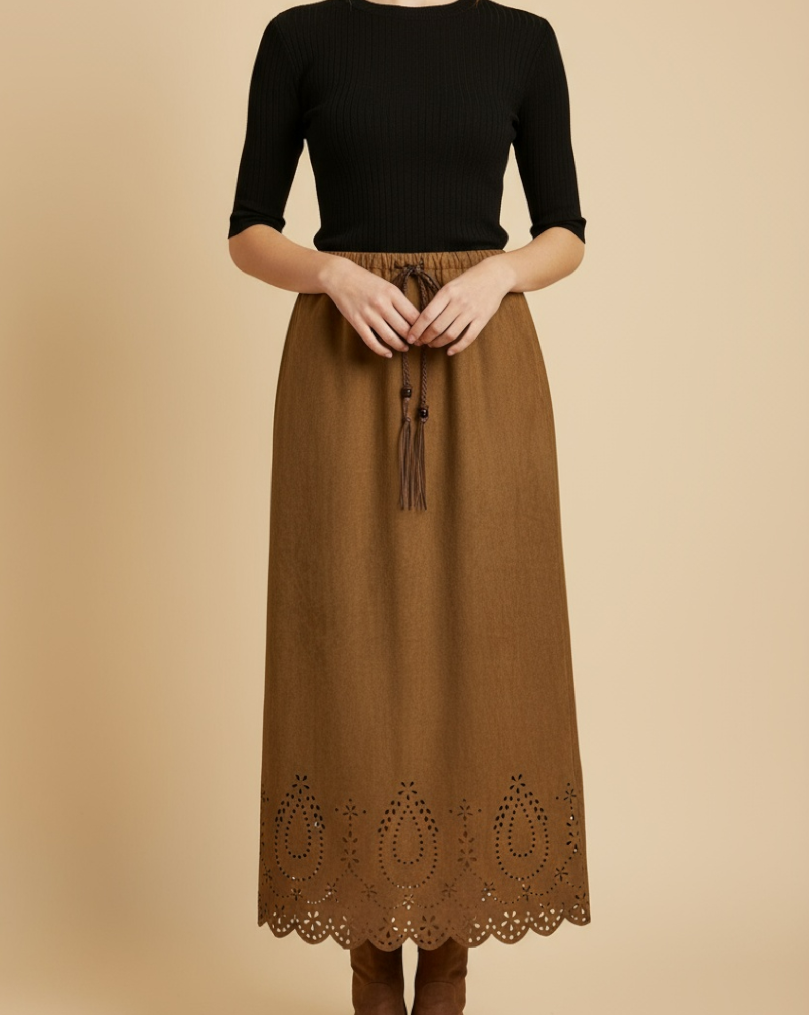 Laser-Cut Hem Midi Skirt
