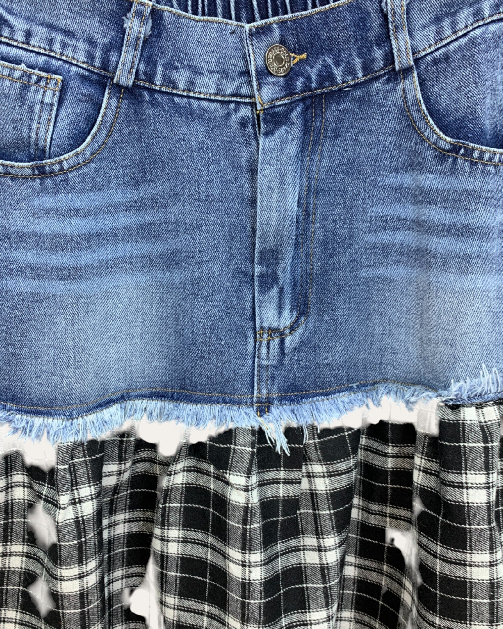 Layered Denim and Plaid Midi Skirt