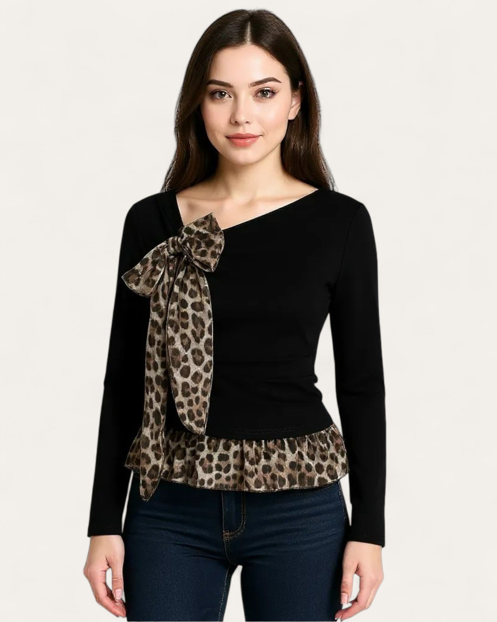 Leopard Bow Peplum Knit Top
