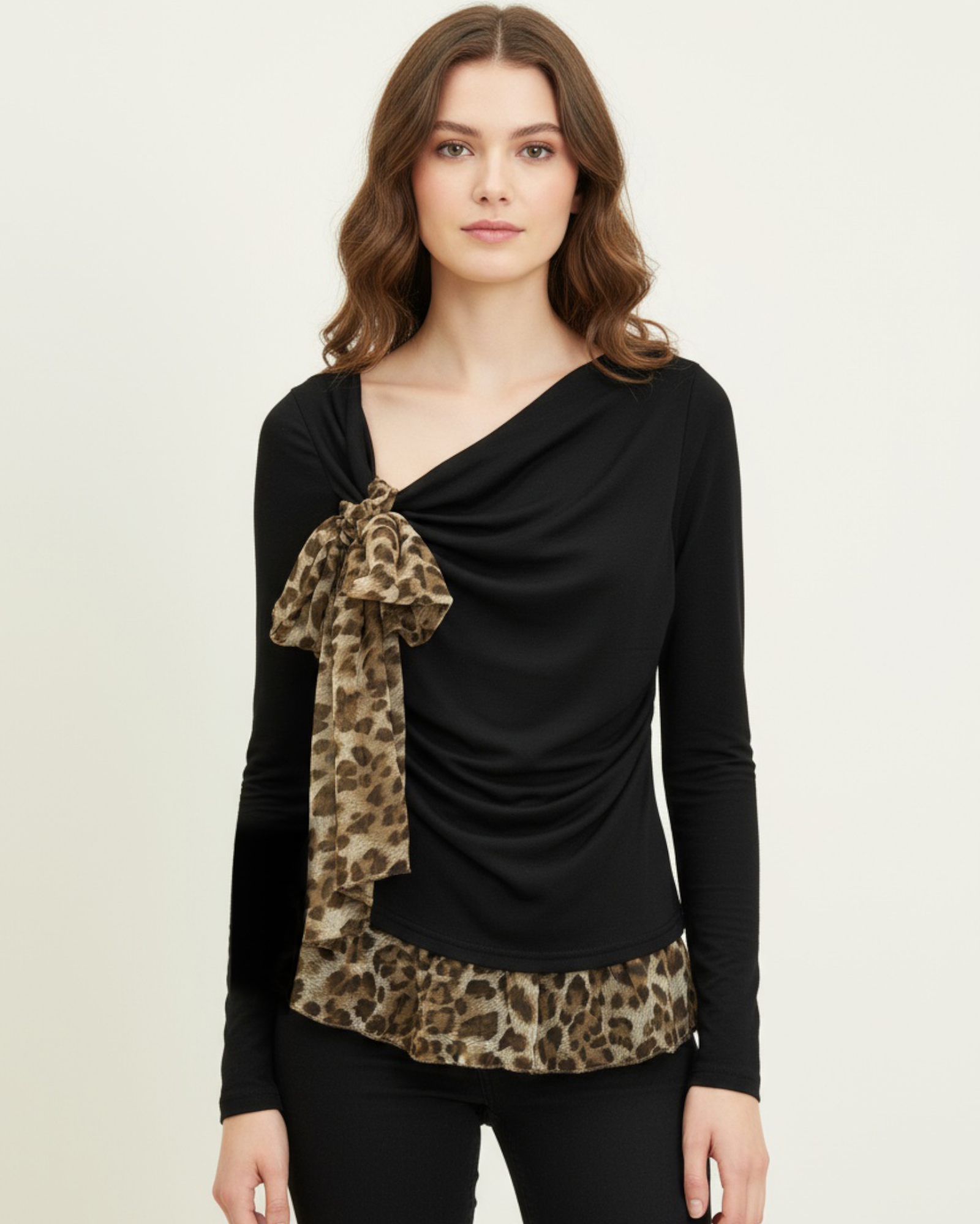 Leopard Bow Peplum Knit Top