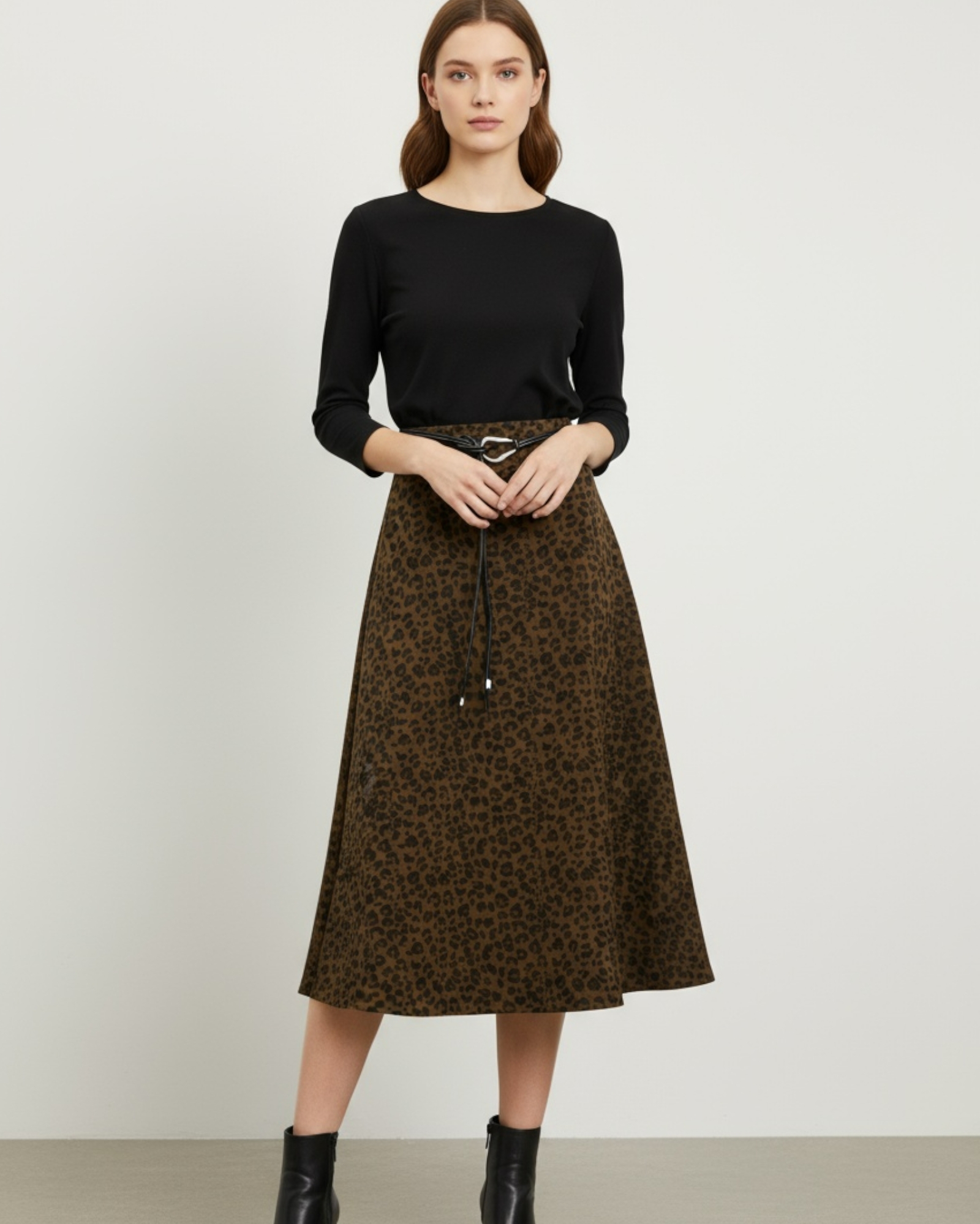 Leopard Print A-Line Skirt with Rope Belt