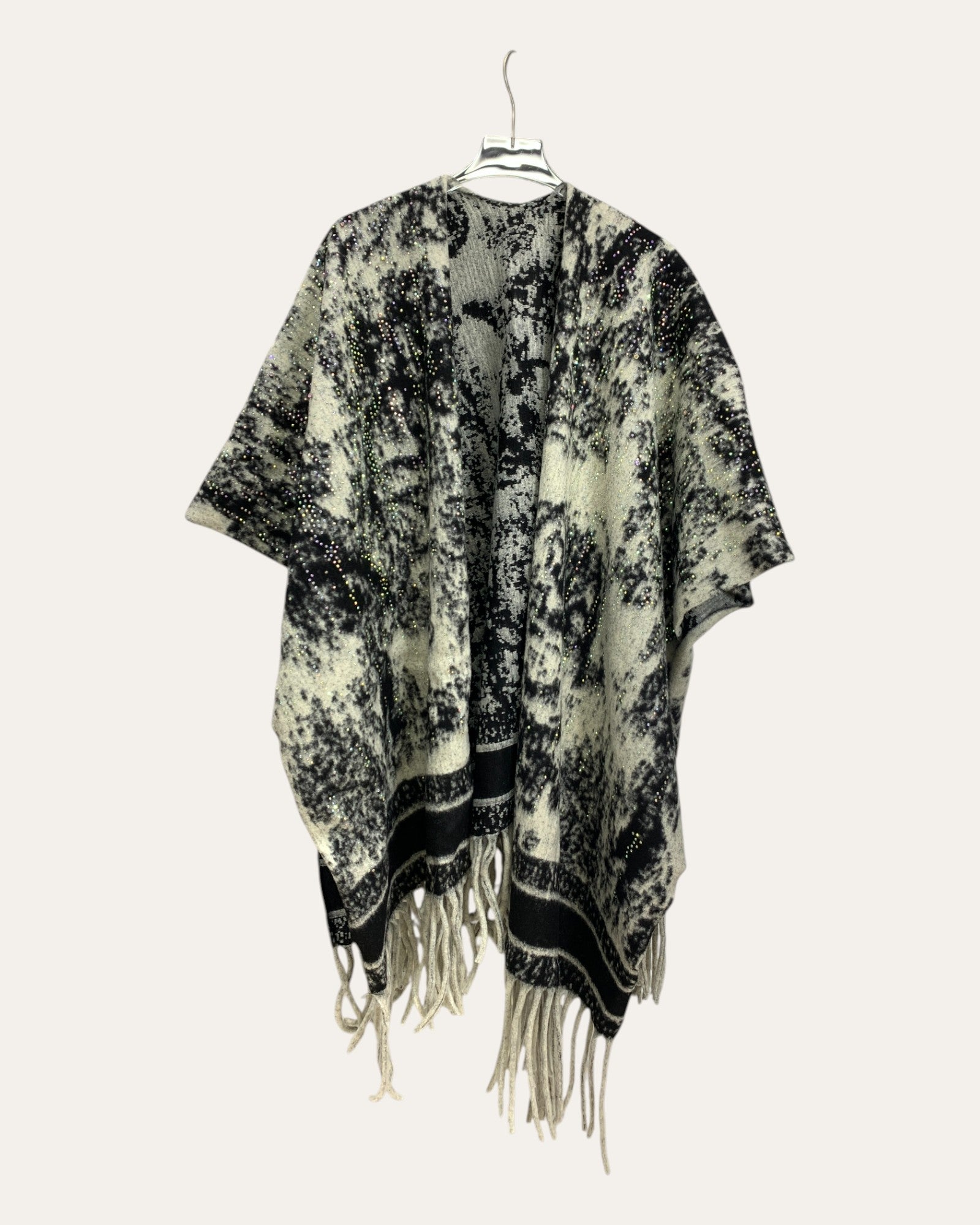 Monochrome Tie-Dye Fringe Poncho