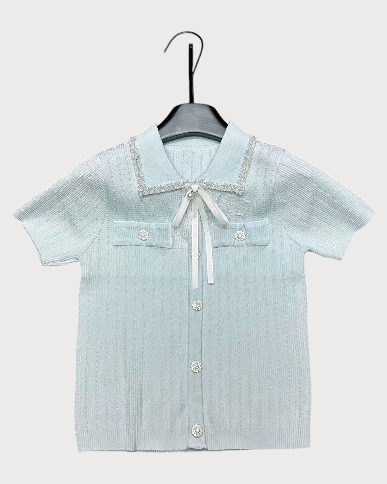 Pastel Knit Top with Pearl Button Detail and Bow Tie Collar