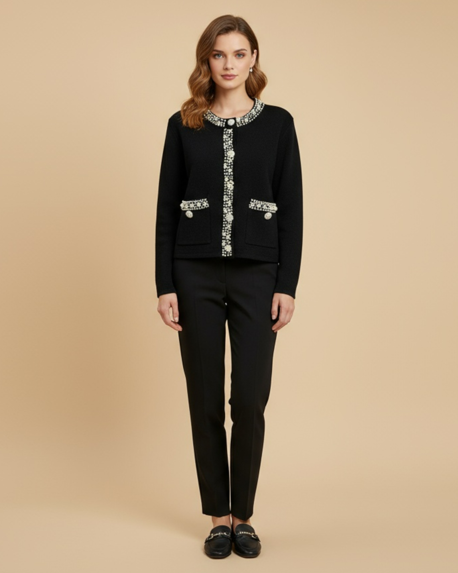 Pearl Trim Button Cardigan with Pocket Detail