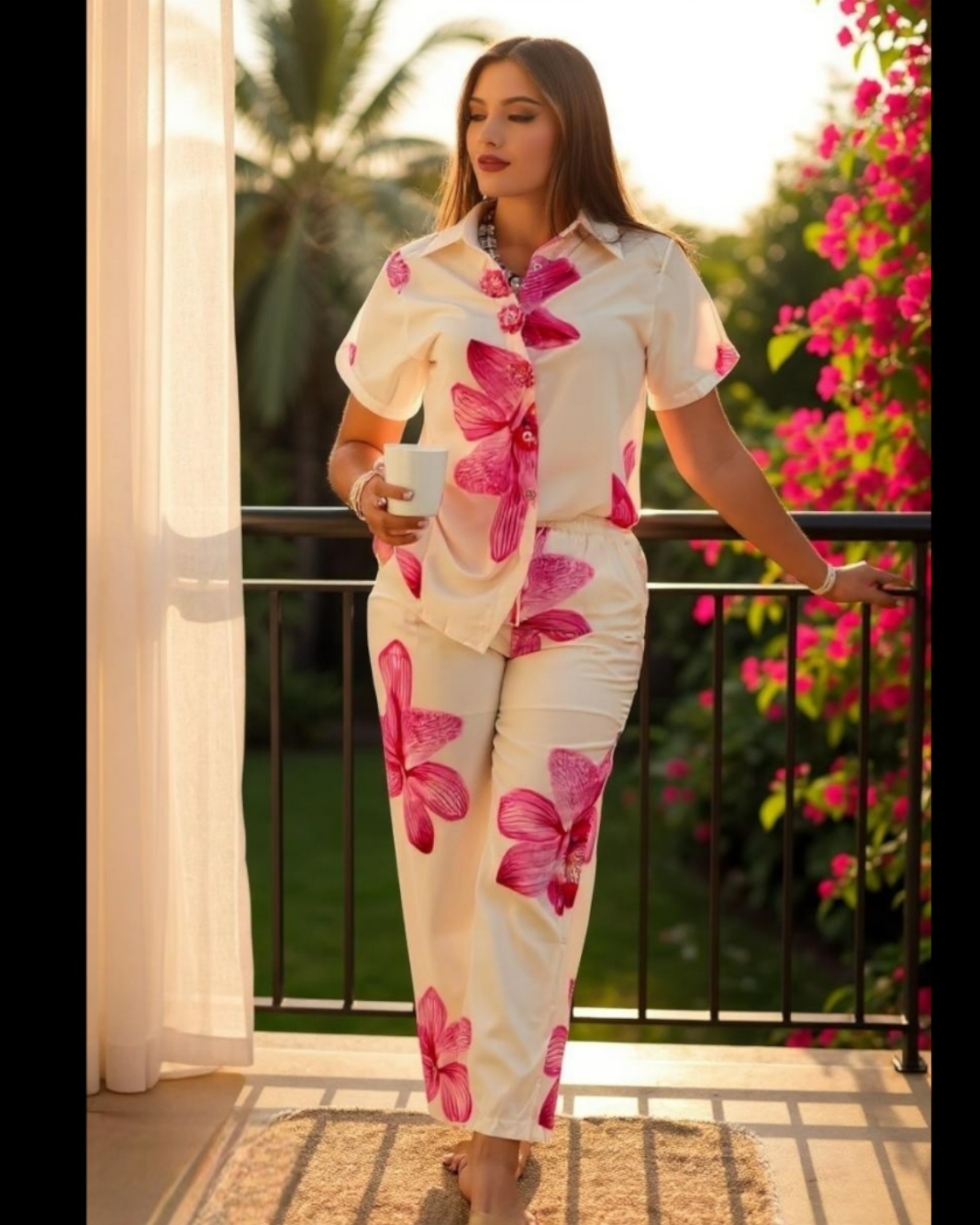 Conjunto de camisa y pantalón de satén con estampado de orquídeas rosas.