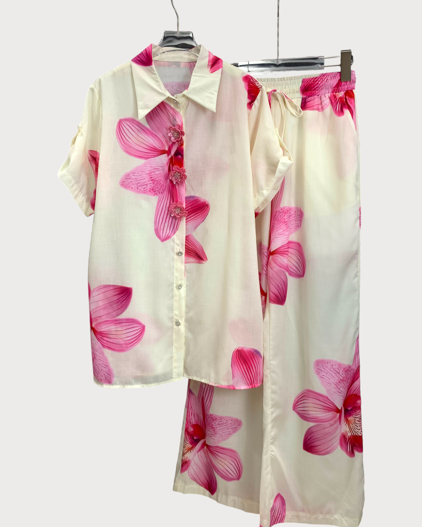 Pink Orchid Print Satin Shirt & Pants Set