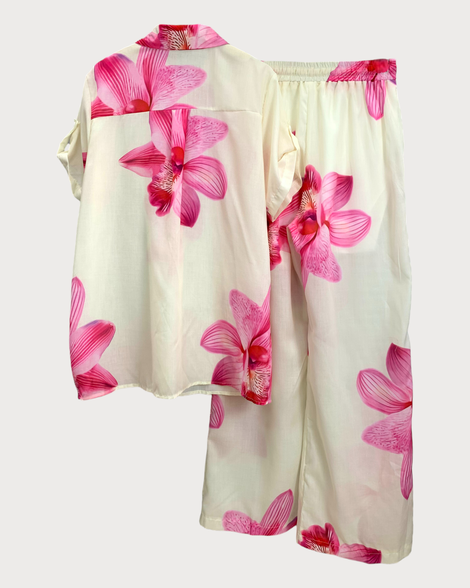 Pink Orchid Print Satin Shirt & Pants Set