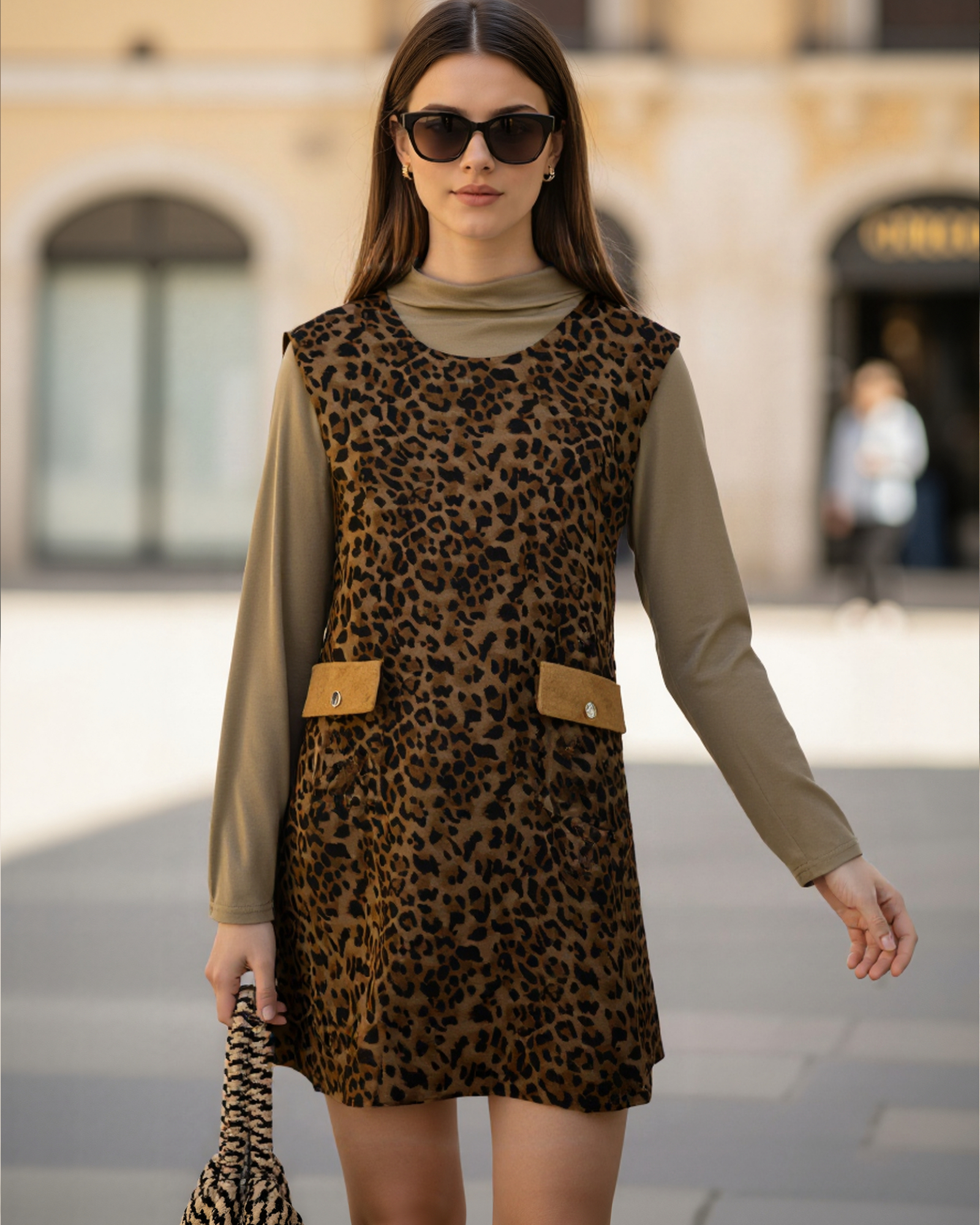 Pocketed Leopard Tunic Dress