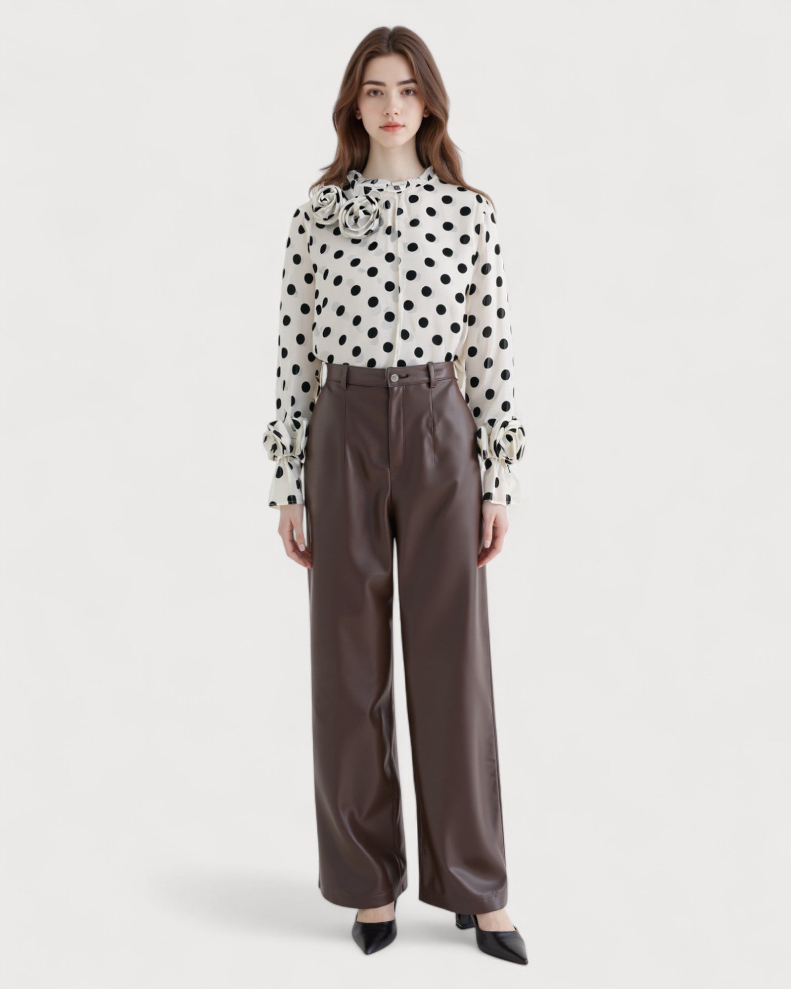 Polka Dot Chiffon Blouse with 3D Floral Detail