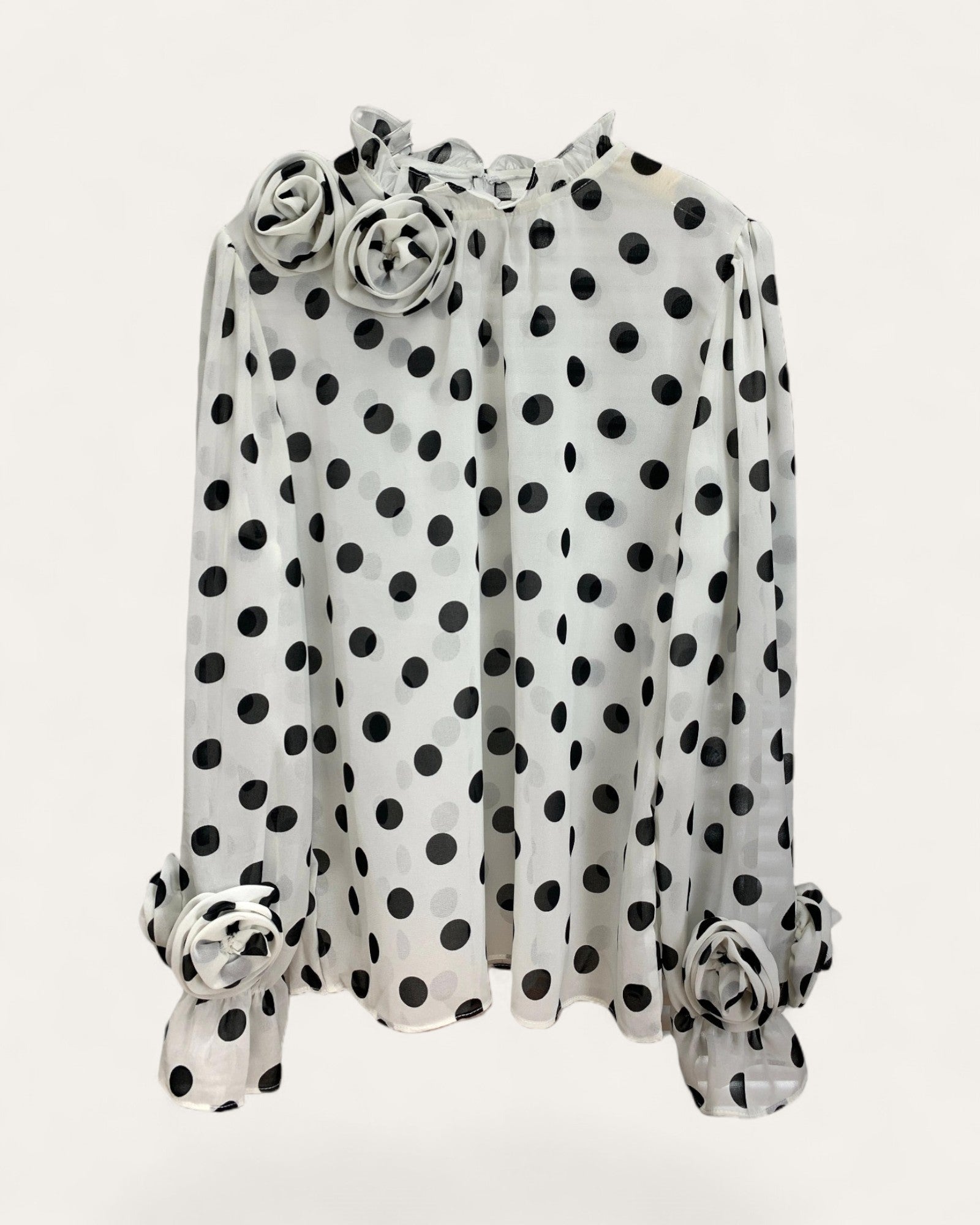 Polka Dot Chiffon Blouse with 3D Floral Detail