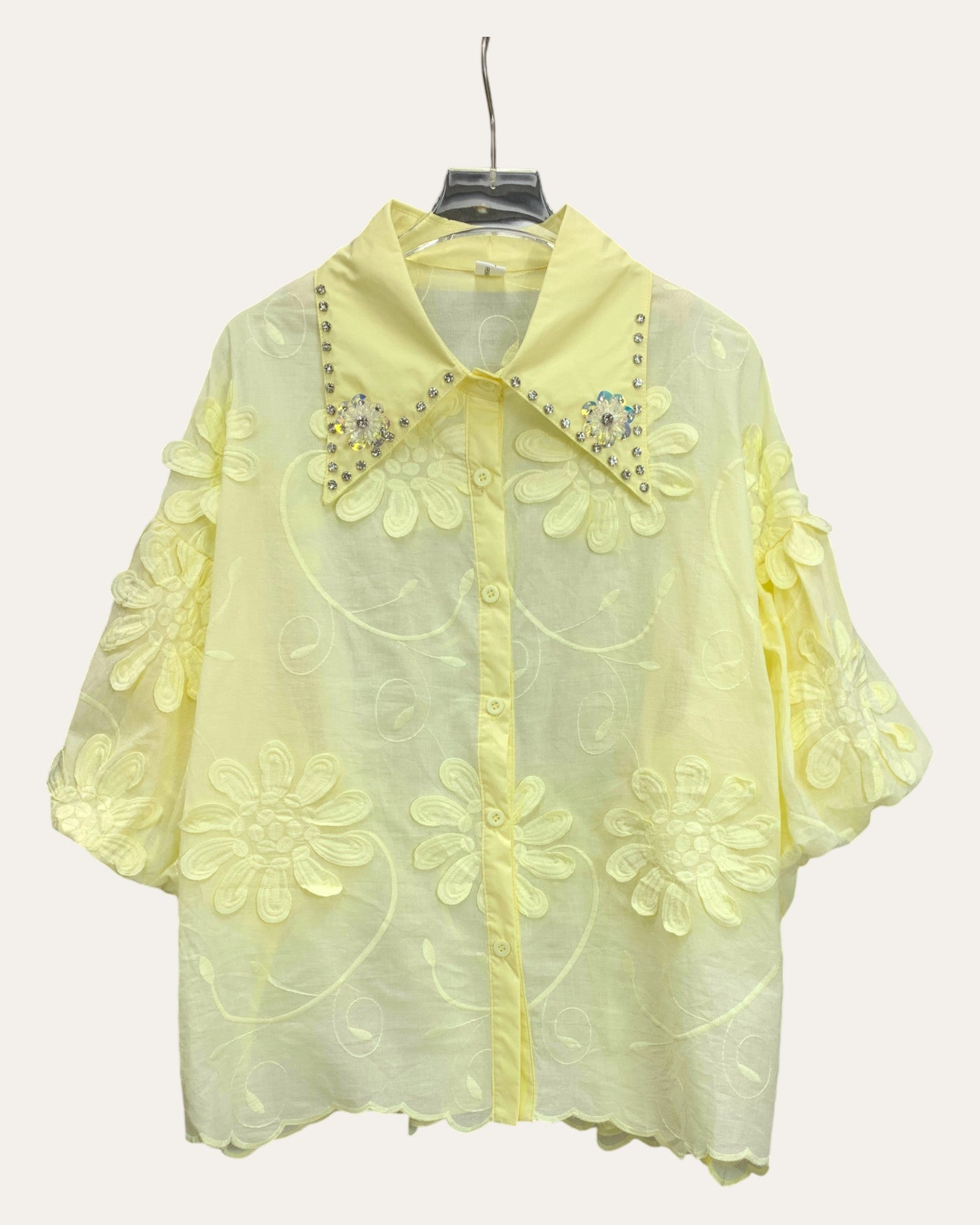 Radiant Floral Embroidered Blouse with Beaded Collar