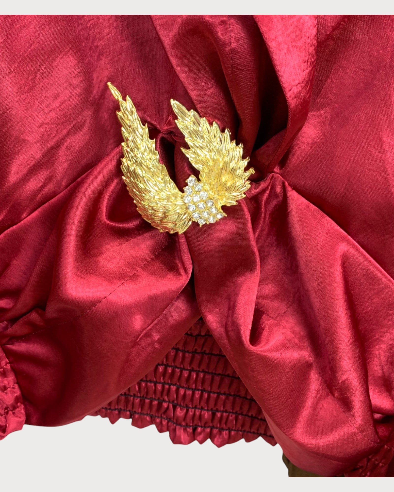 Satin Wrap Blouse with Gold Bird Brooch