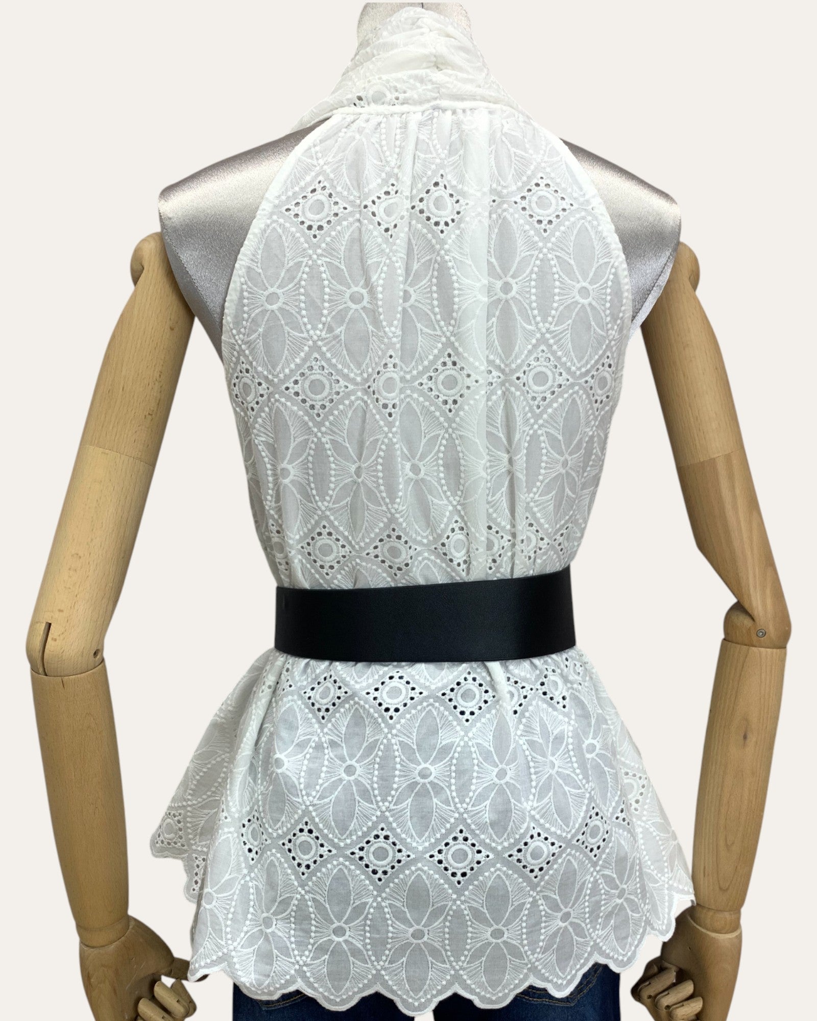 Sleeveless Eyelet Peplum Top with Belt