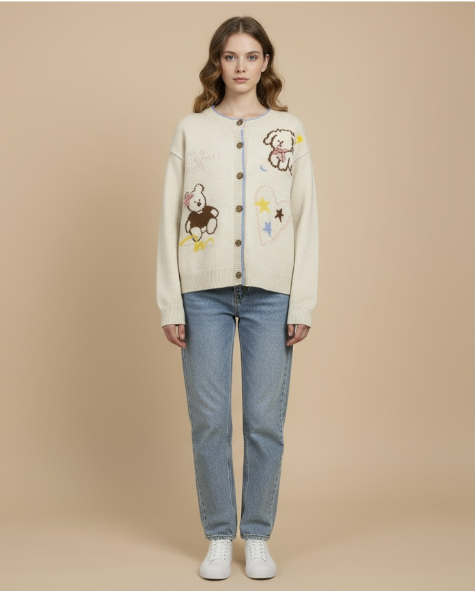 Teddy Bear and Star Embroidered Knit Cardigan