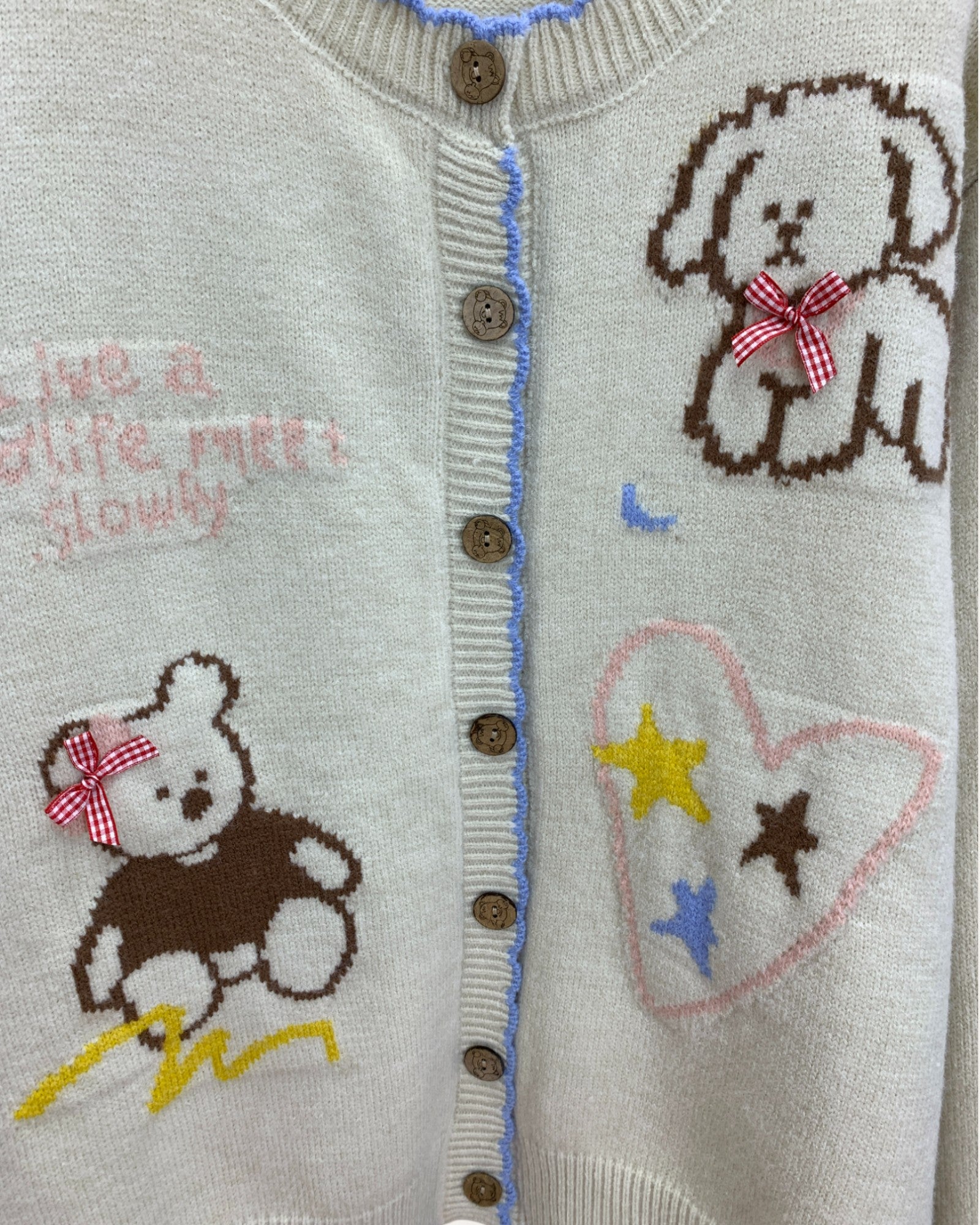 Teddy Bear and Star Embroidered Knit Cardigan