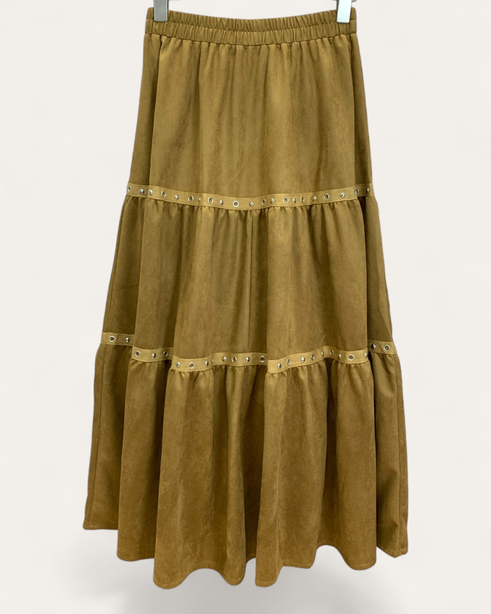 Tiered Faux Suede Midi Skirt with Stud Detail