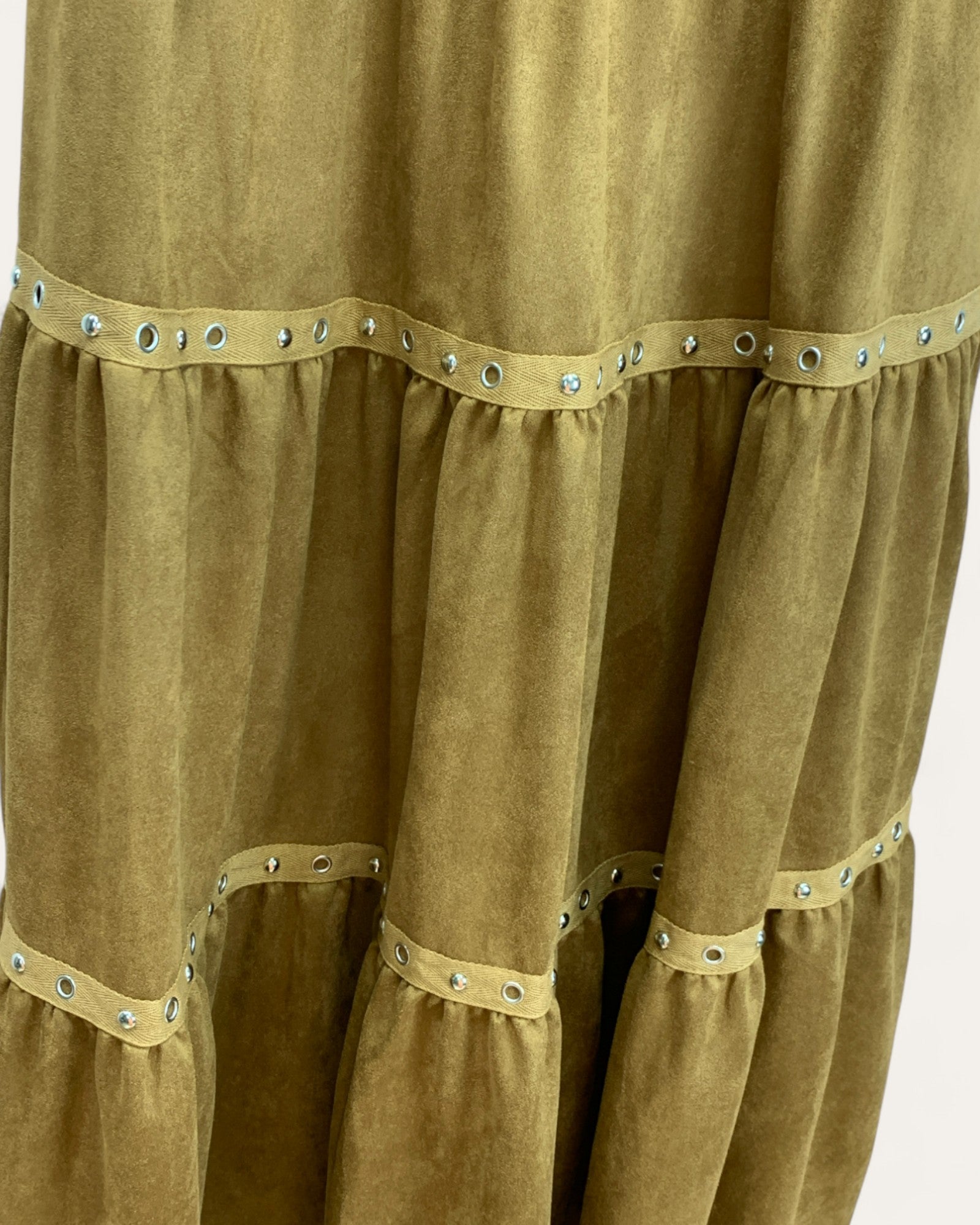 Tiered Faux Suede Midi Skirt with Stud Detail