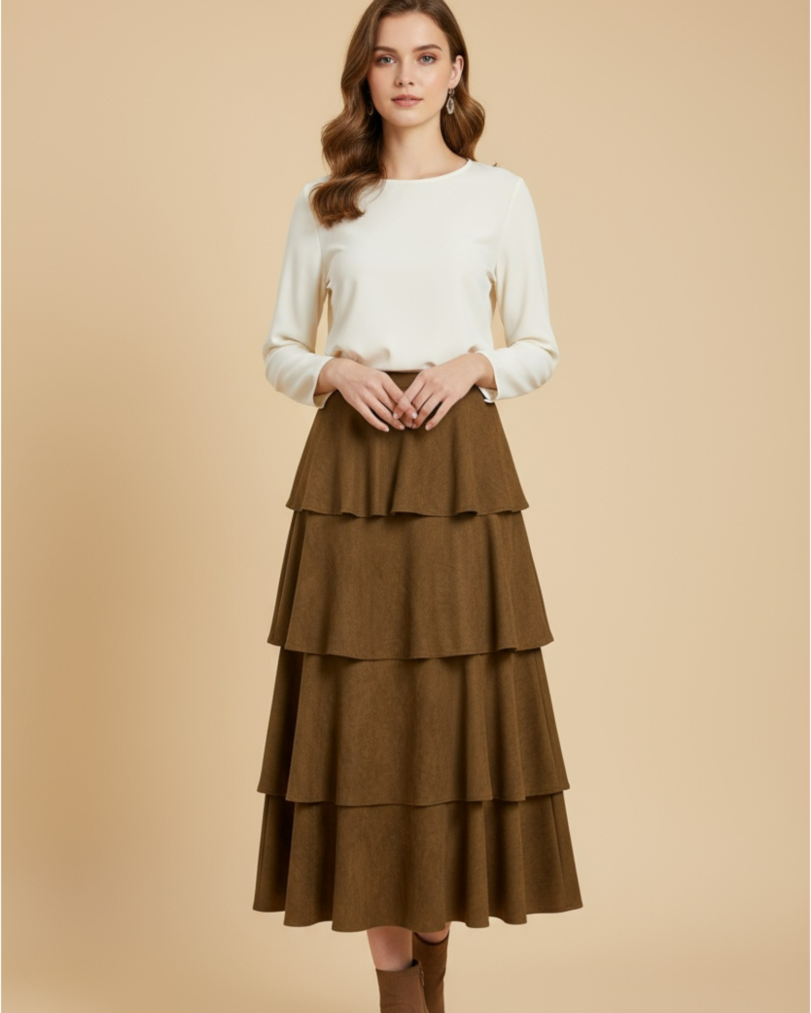 Tiered Faux Suede Ruffle Midi Skirt