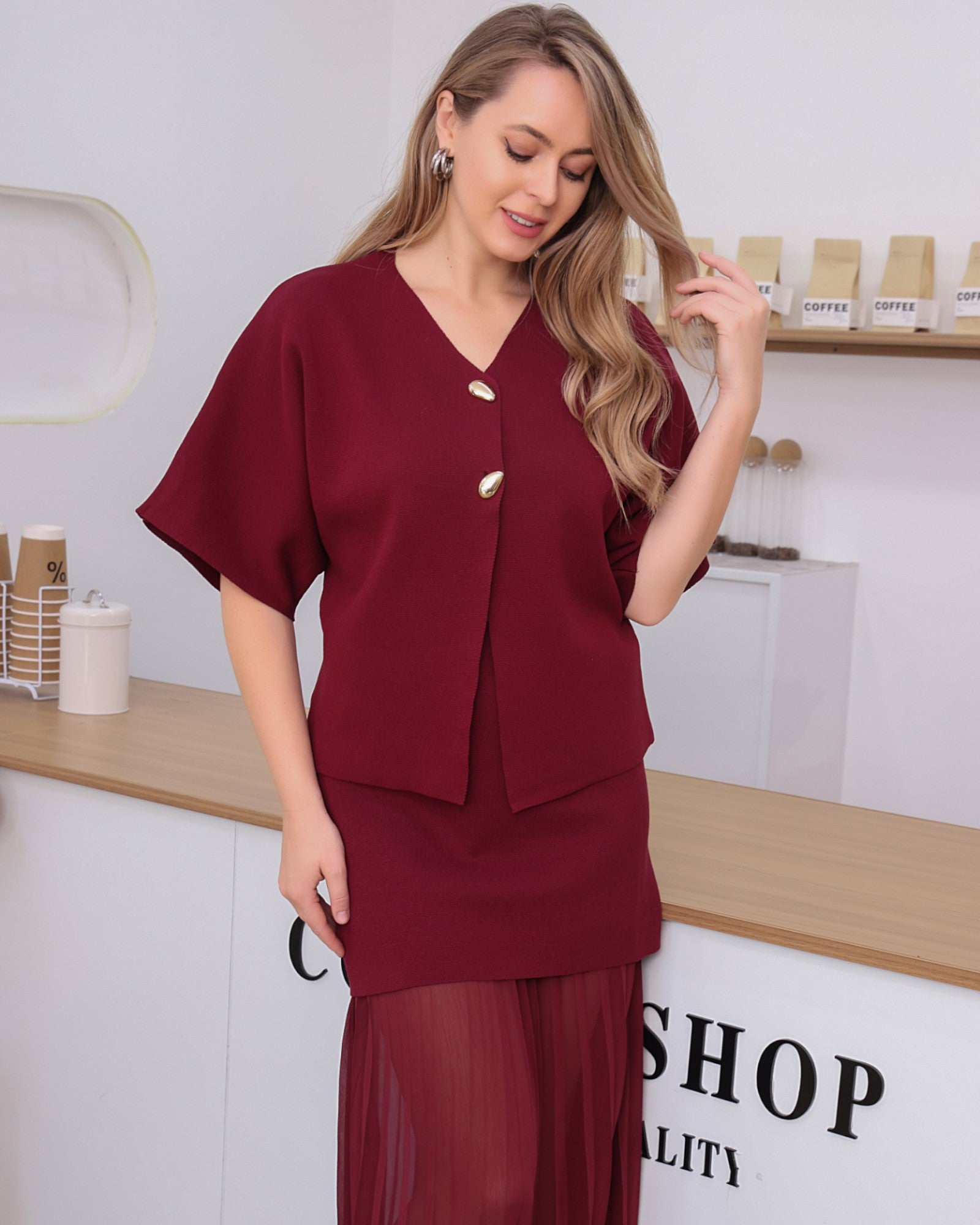 Two-Piece Knit Sets with Pleated Maxi Skirt