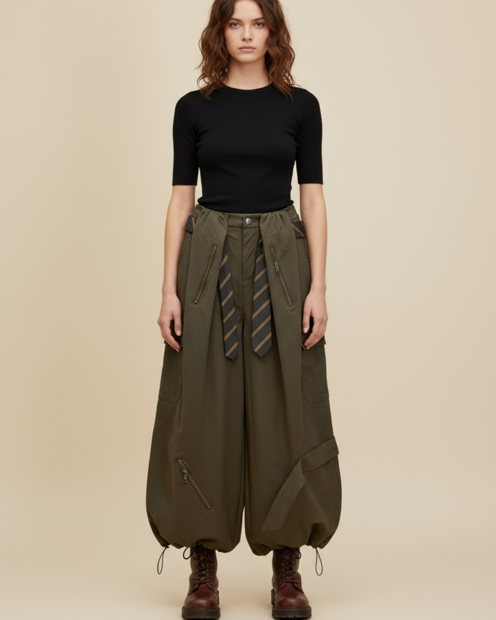 Utility Wide-Leg Pants with Striped Suspenders