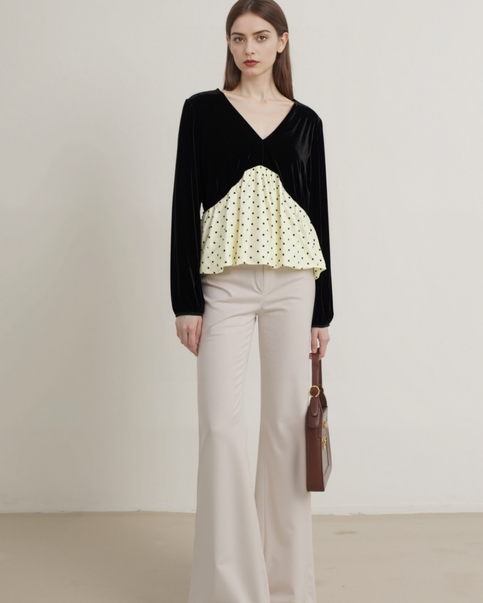 Velvet Babydoll Top with Polka Dot Mesh