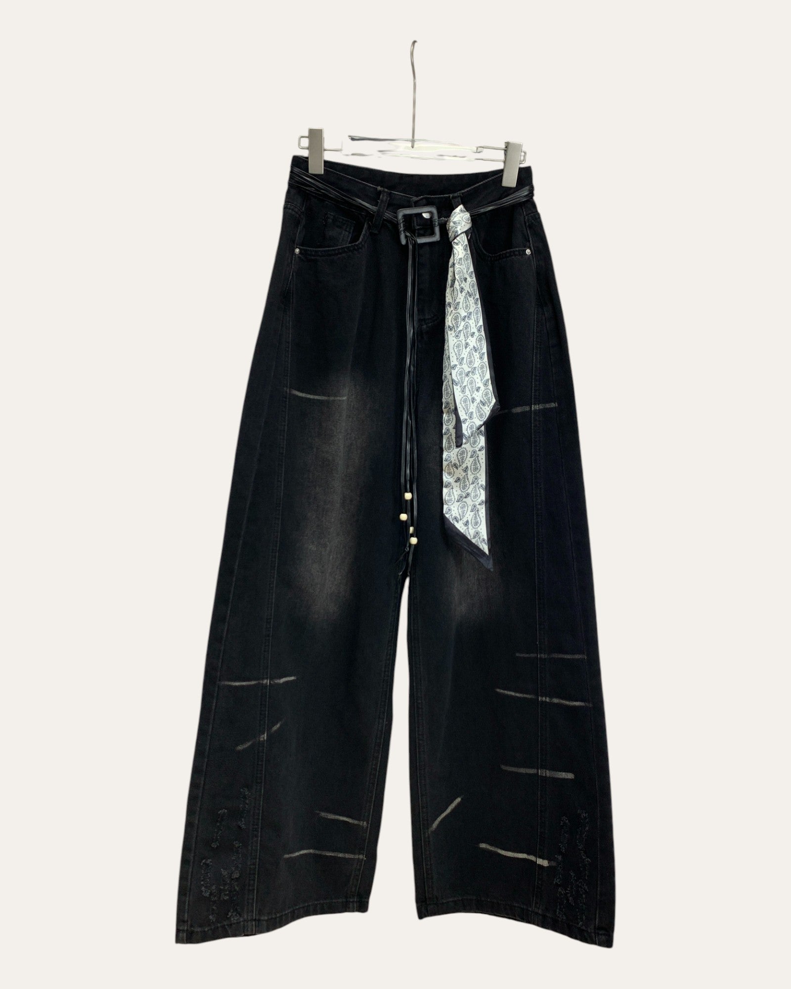 Washed Wide-Leg Jeans with Scarf Belt