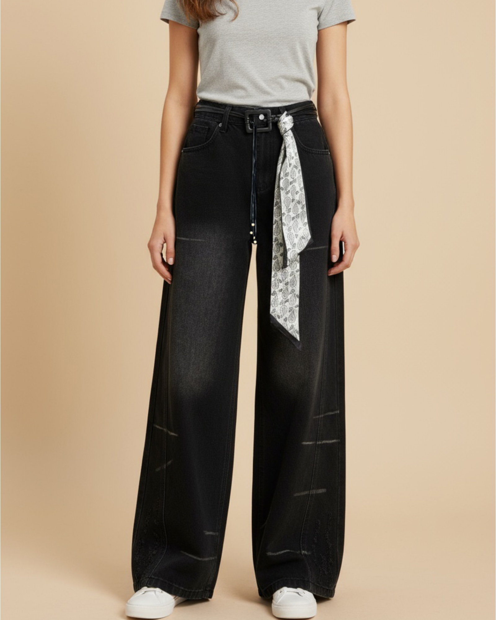 Washed Wide-Leg Jeans with Scarf Belt