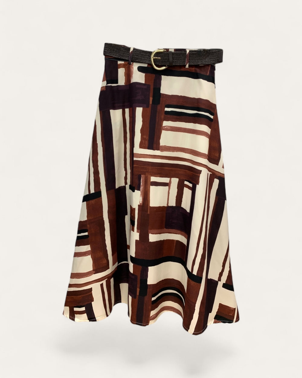 Abstract Print Midi Skirt with Belt - Zilvina