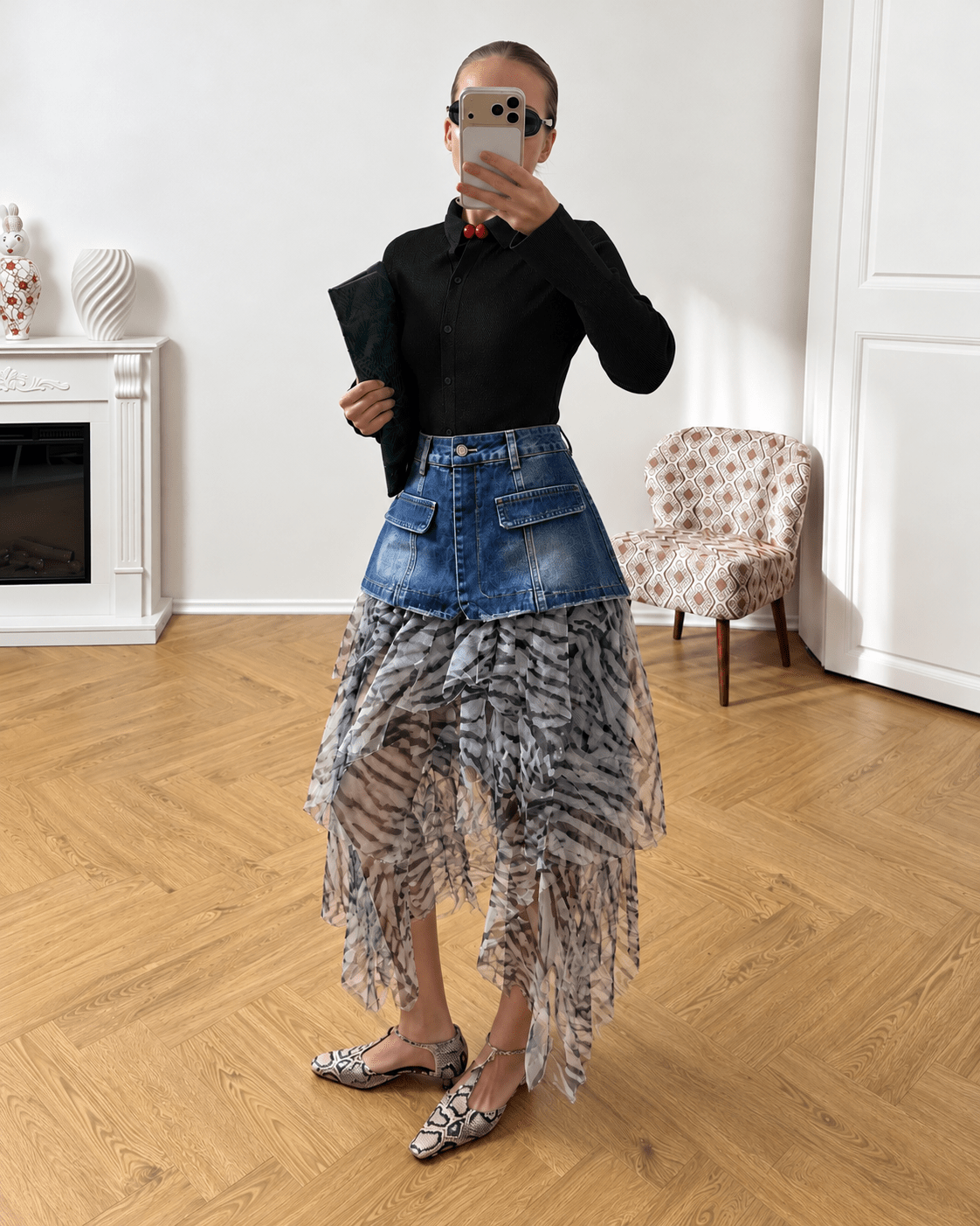 After Dark Denim Mesh Tiered Skirt - Zilvina