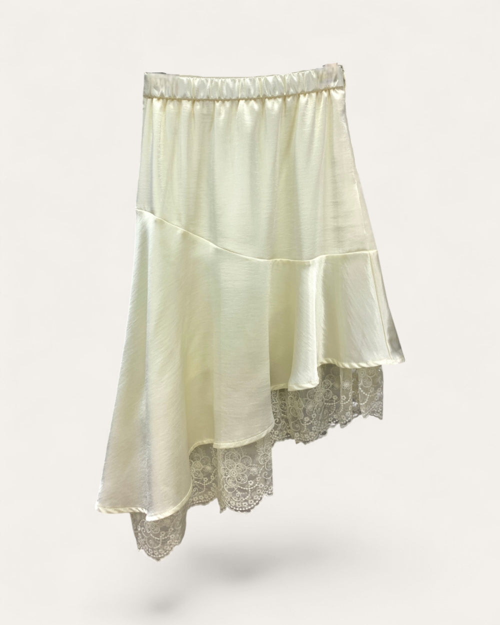 Asymmetrical Lace Hem Satin Skirt - Zilvina
