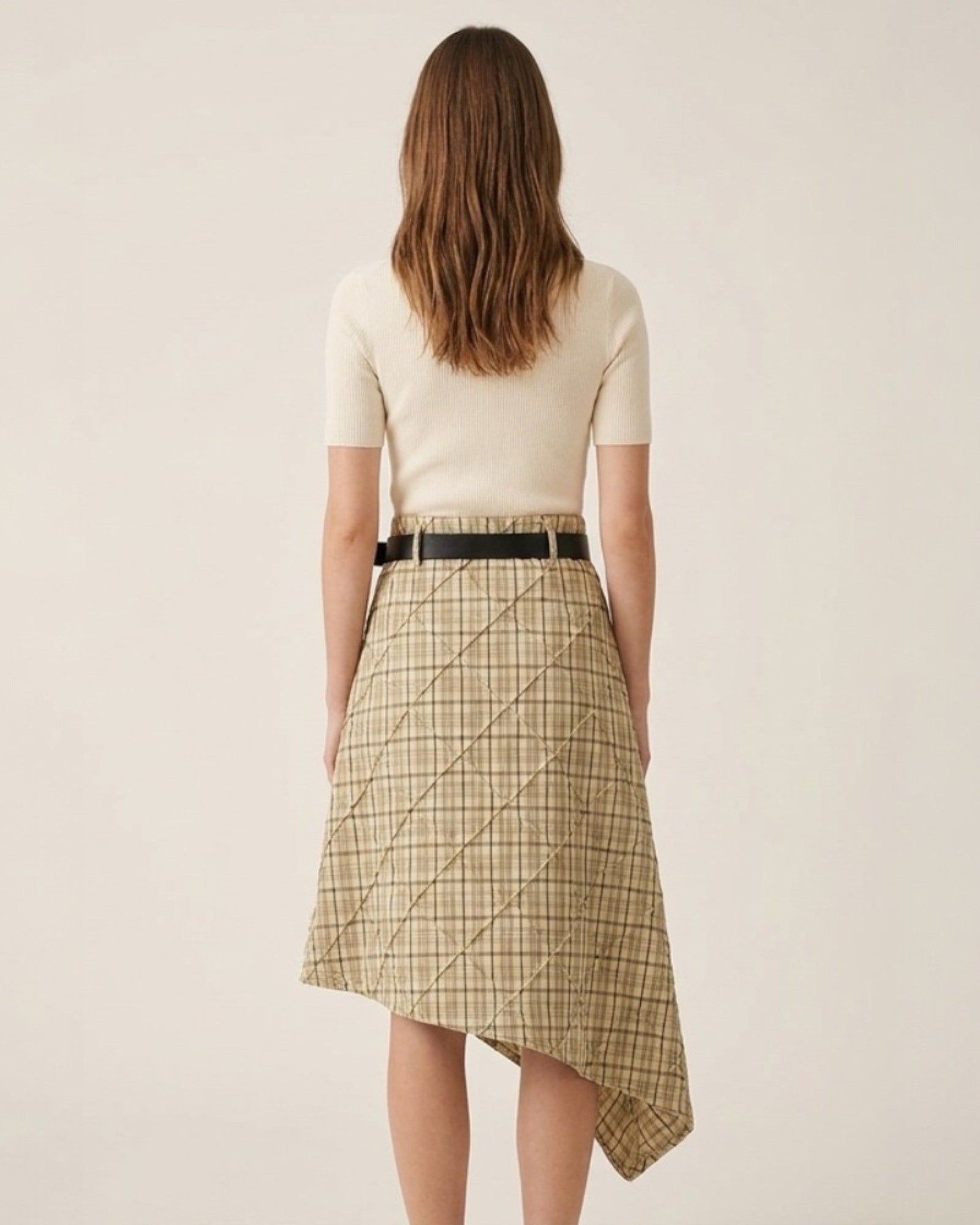 Asymmetrical Plaid Belted Midi Skirt - Zilvina