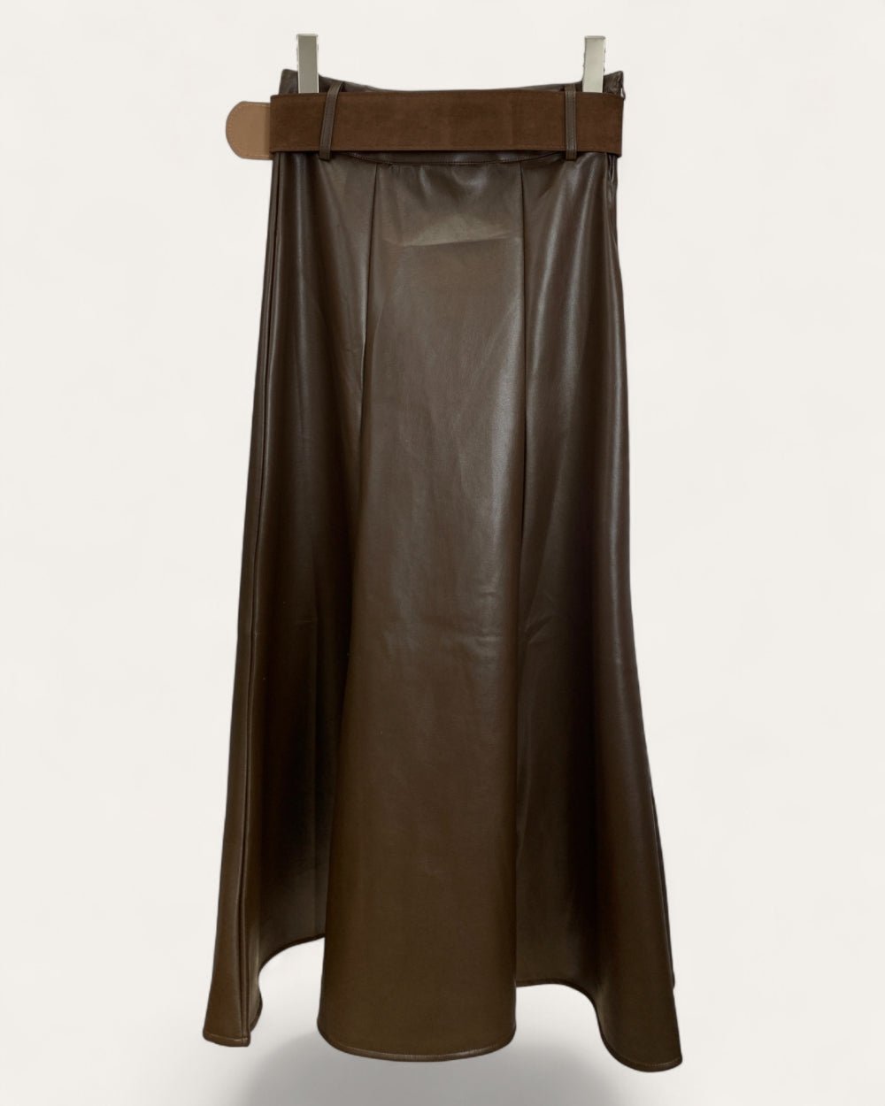 Belted Faux Leather Midi Skirt - Zilvina