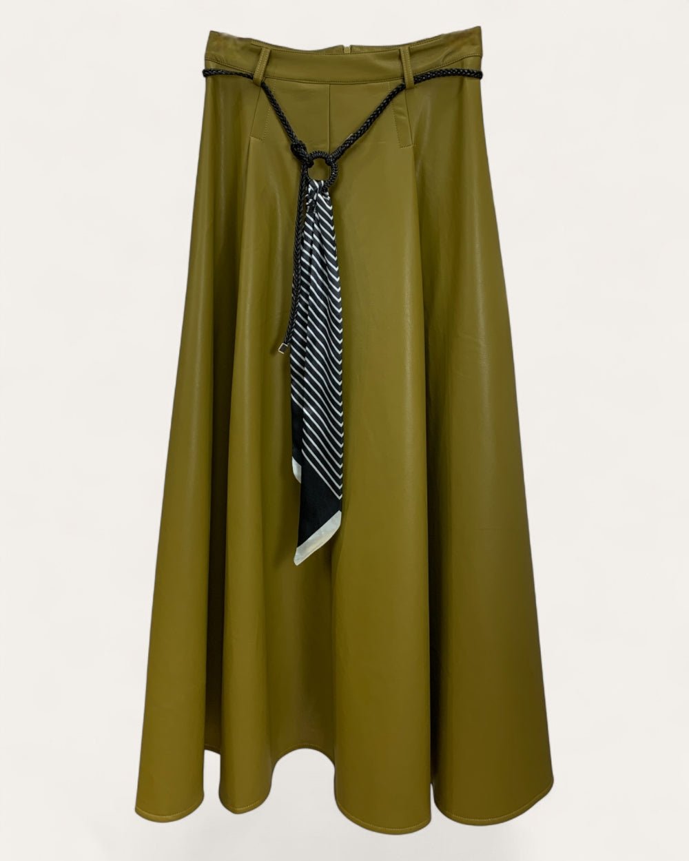 Belted Faux Leather Skirt with Scarf Accent - Zilvina
