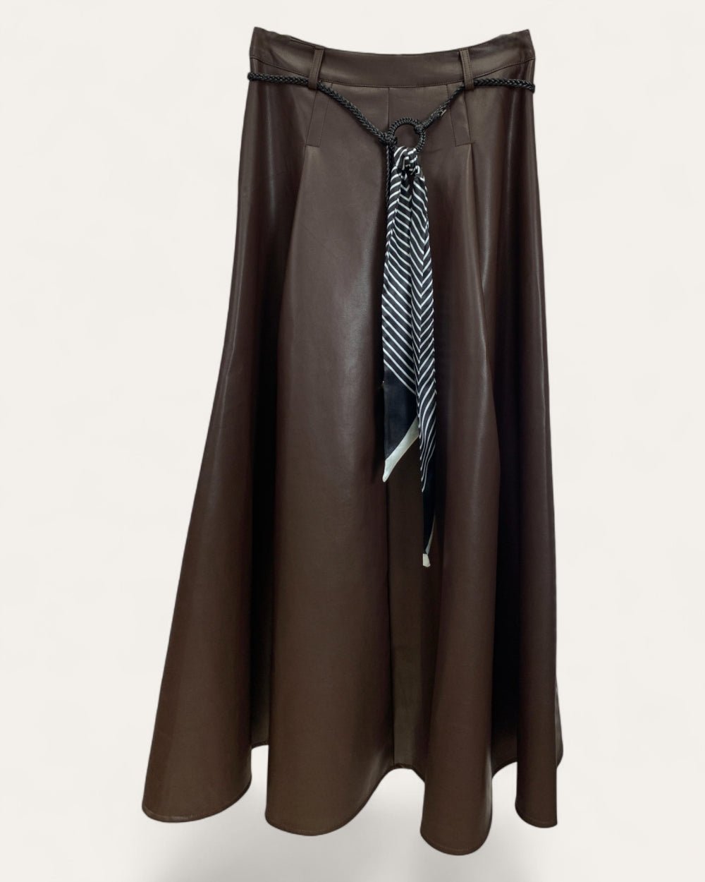 Belted Faux Leather Skirt with Scarf Accent - Zilvina