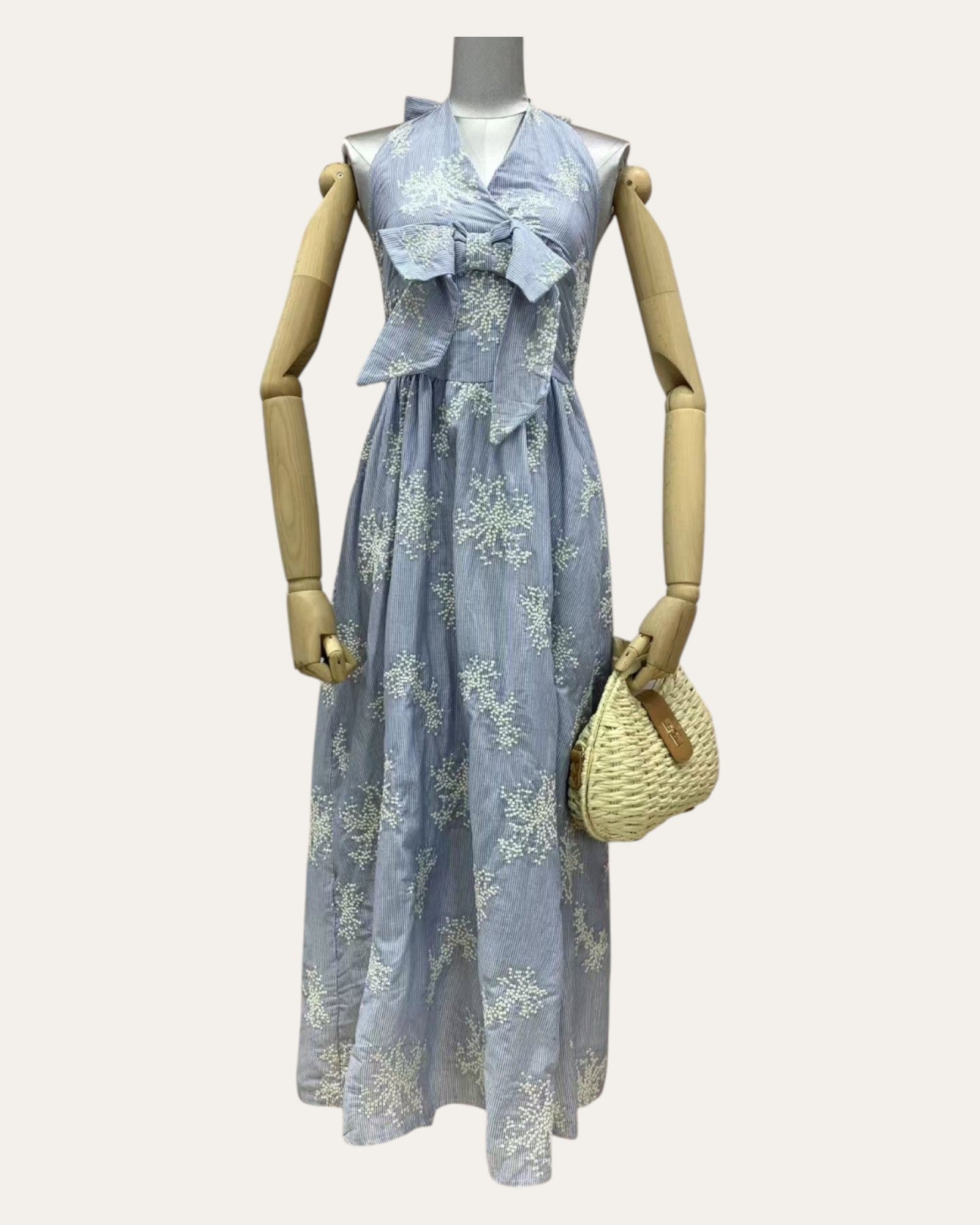Bow Tie Halter Neck Striped Maxi Dress - Zilvina