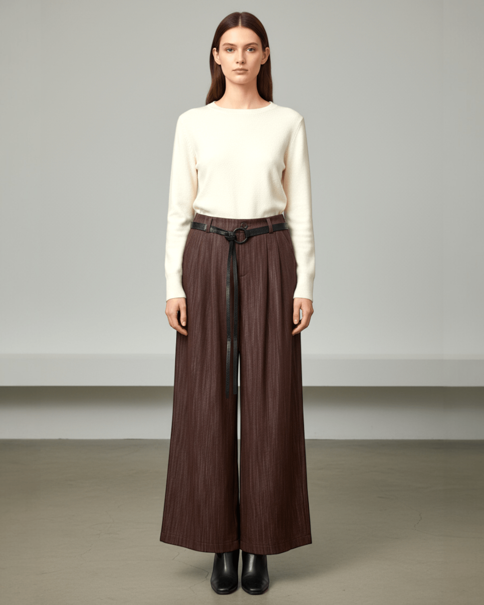 Burgundy Wide - Leg Pants with Belt - Zilvina