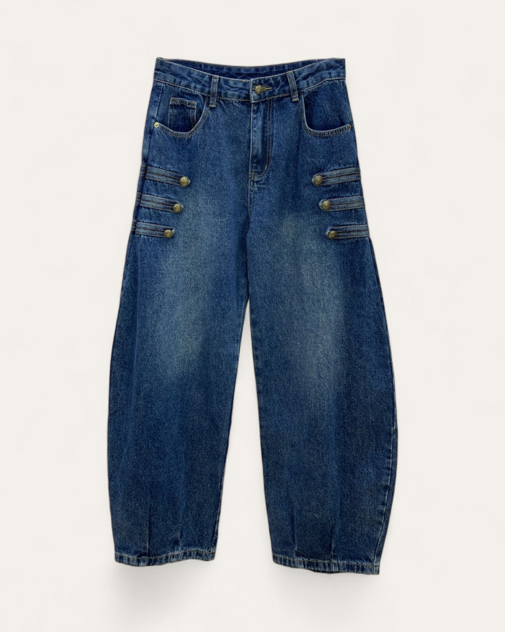 Button Detail Barrel Leg Jeans - Zilvina