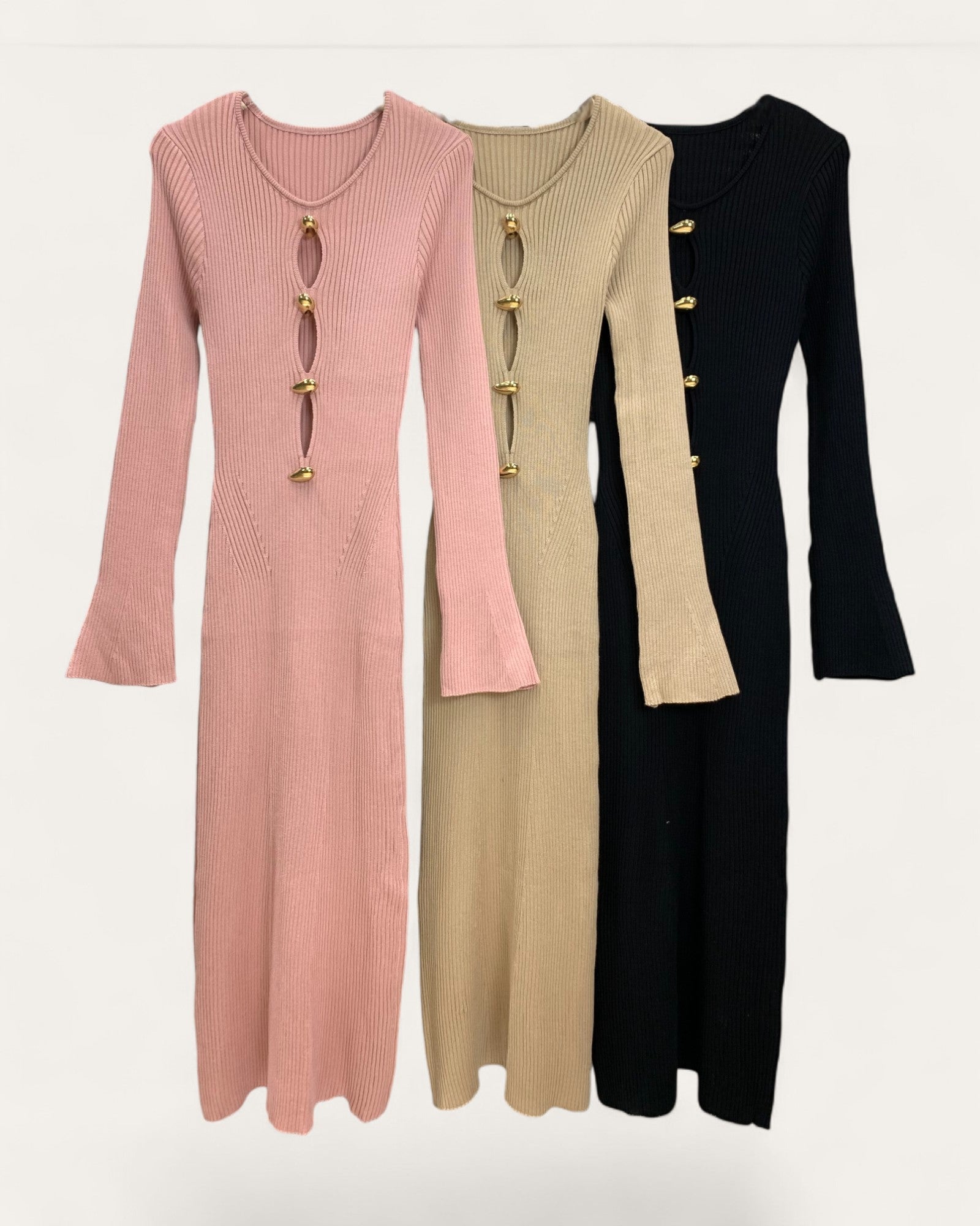 Button Front Ribbed Knit Dress - Zilvina