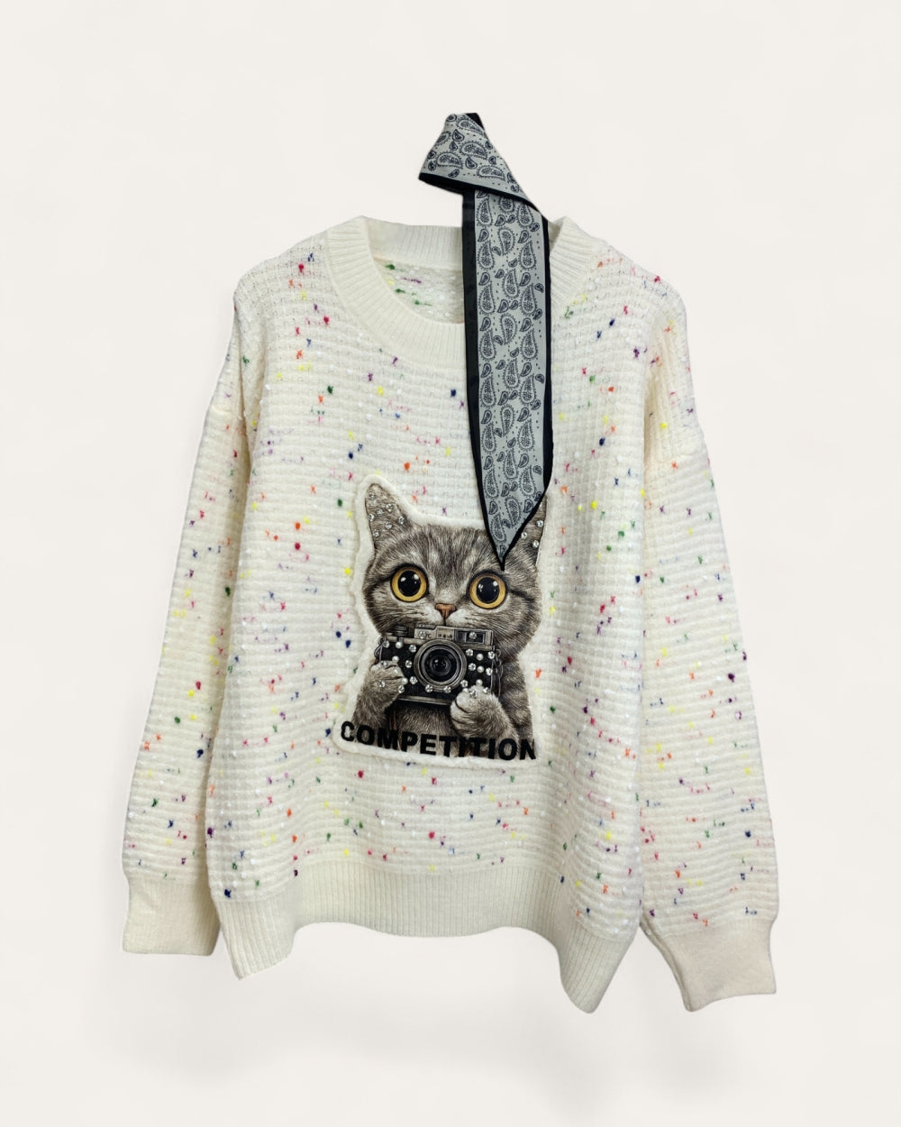 Cat Print Knit Pullover Sweater - Zilvina