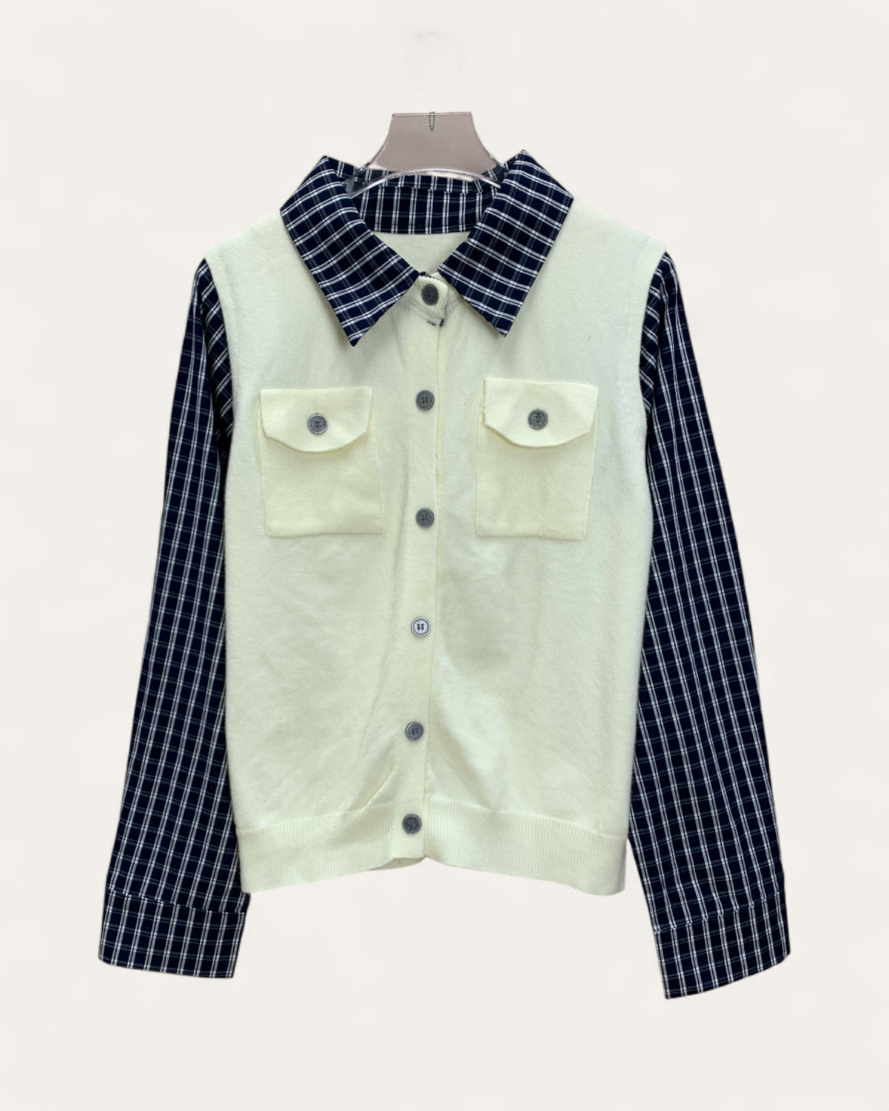 Check Contrast Panel Cardigan Shirt - Zilvina
