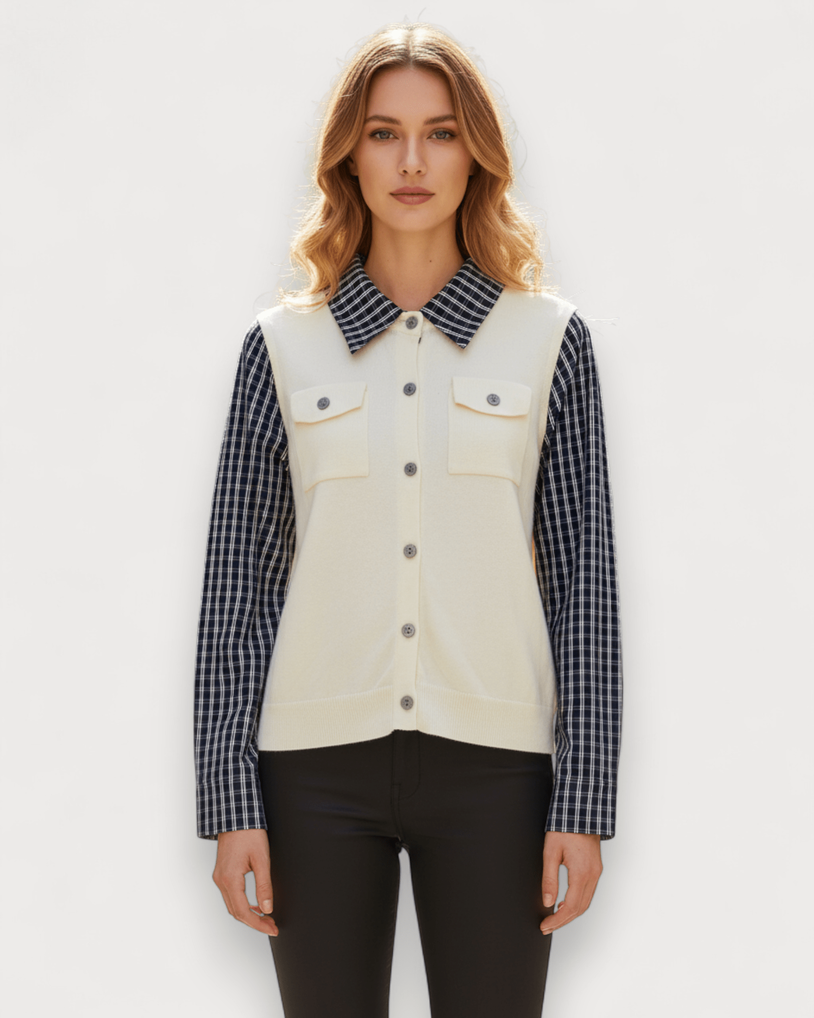 Check Contrast Panel Cardigan Shirt - Zilvina