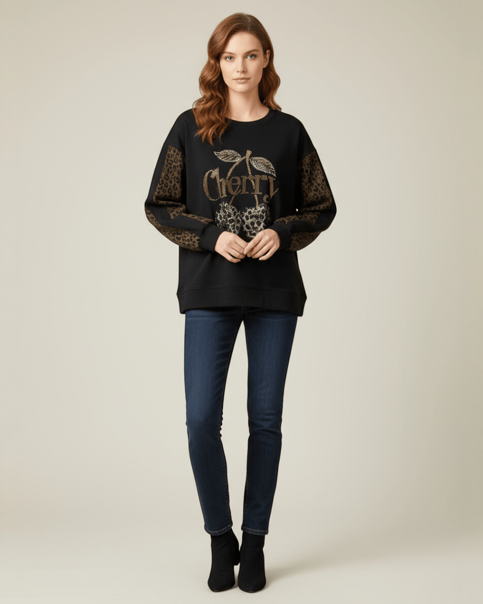 "Cherry" Sequin Sweatshirt with Leopard Panels - Zilvina