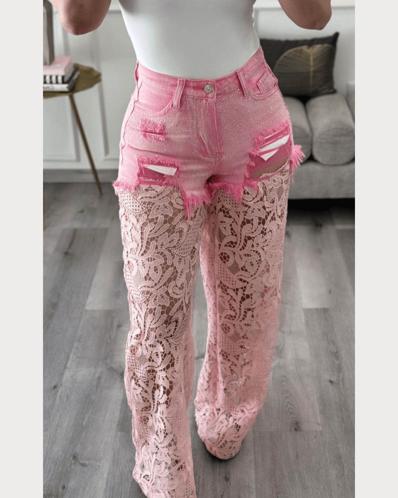 Chic Lace Overlay Denim Pants - Zilvina