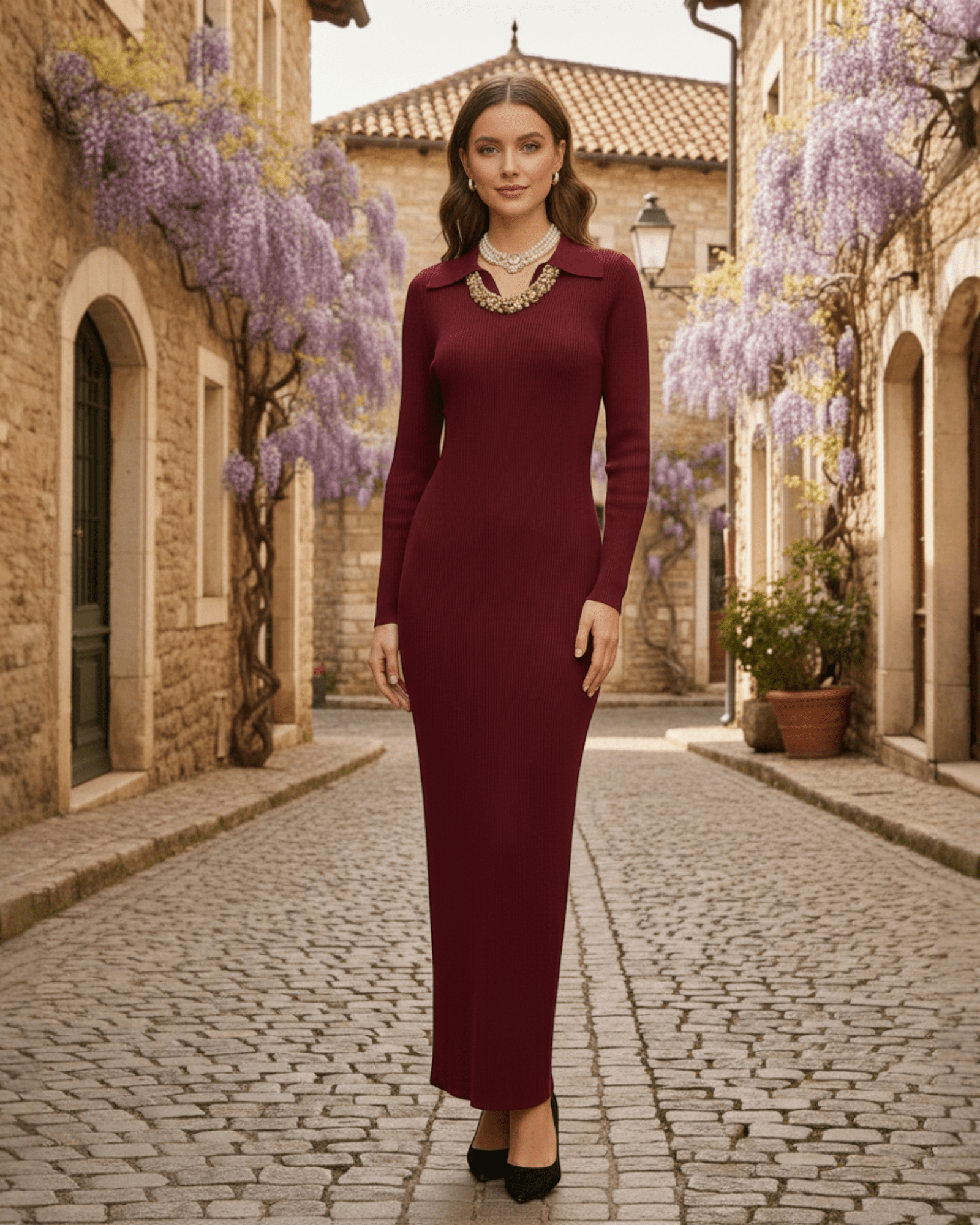 Collared Rib Knit Maxi Dress - Zilvina