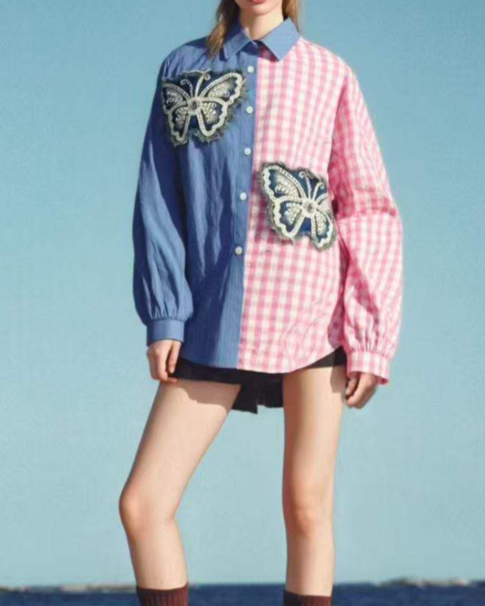 Color Block Butterfly Appliqué Shirt - Zilvina