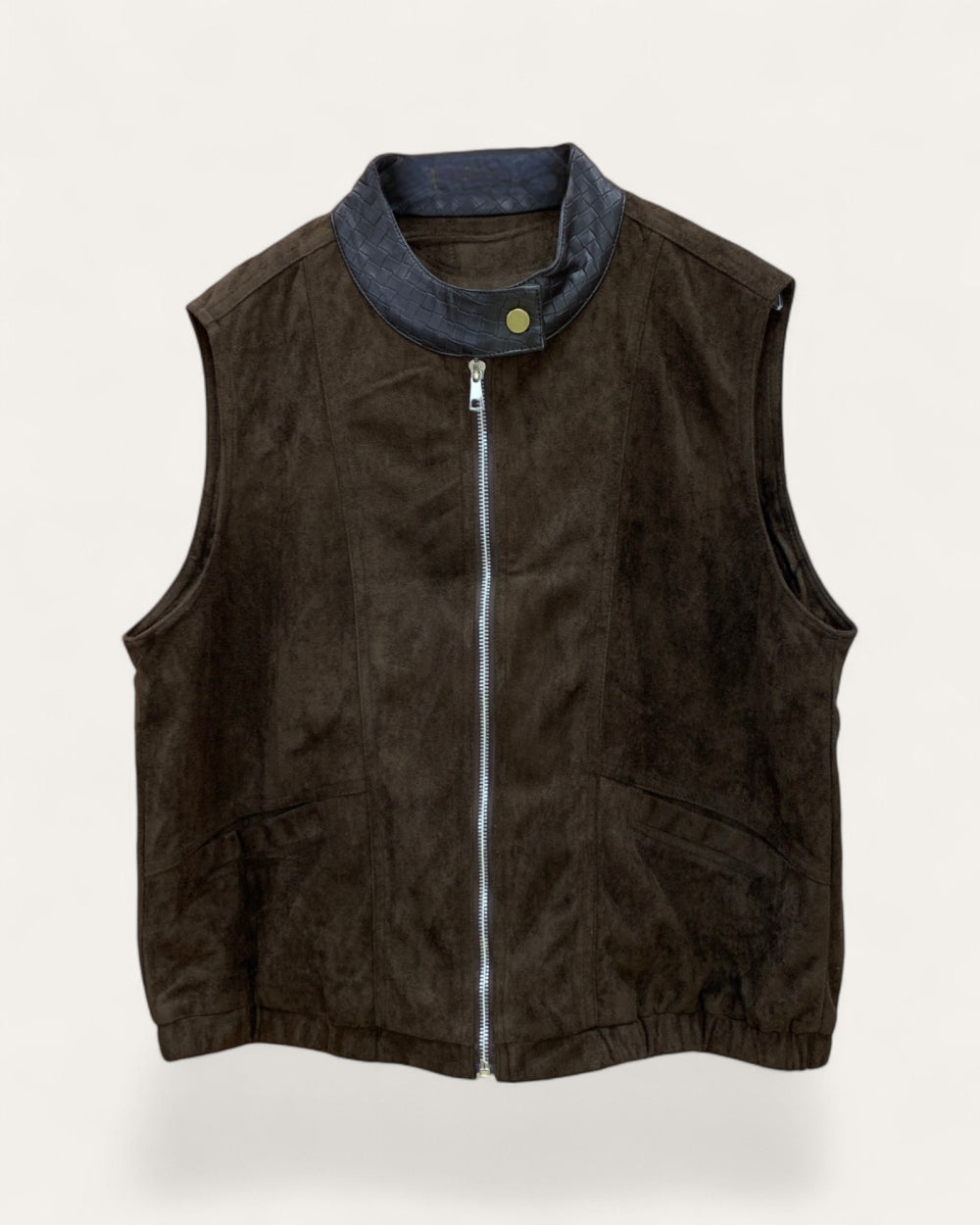Contrast Collar Faux Suede Zip Vest - Zilvina