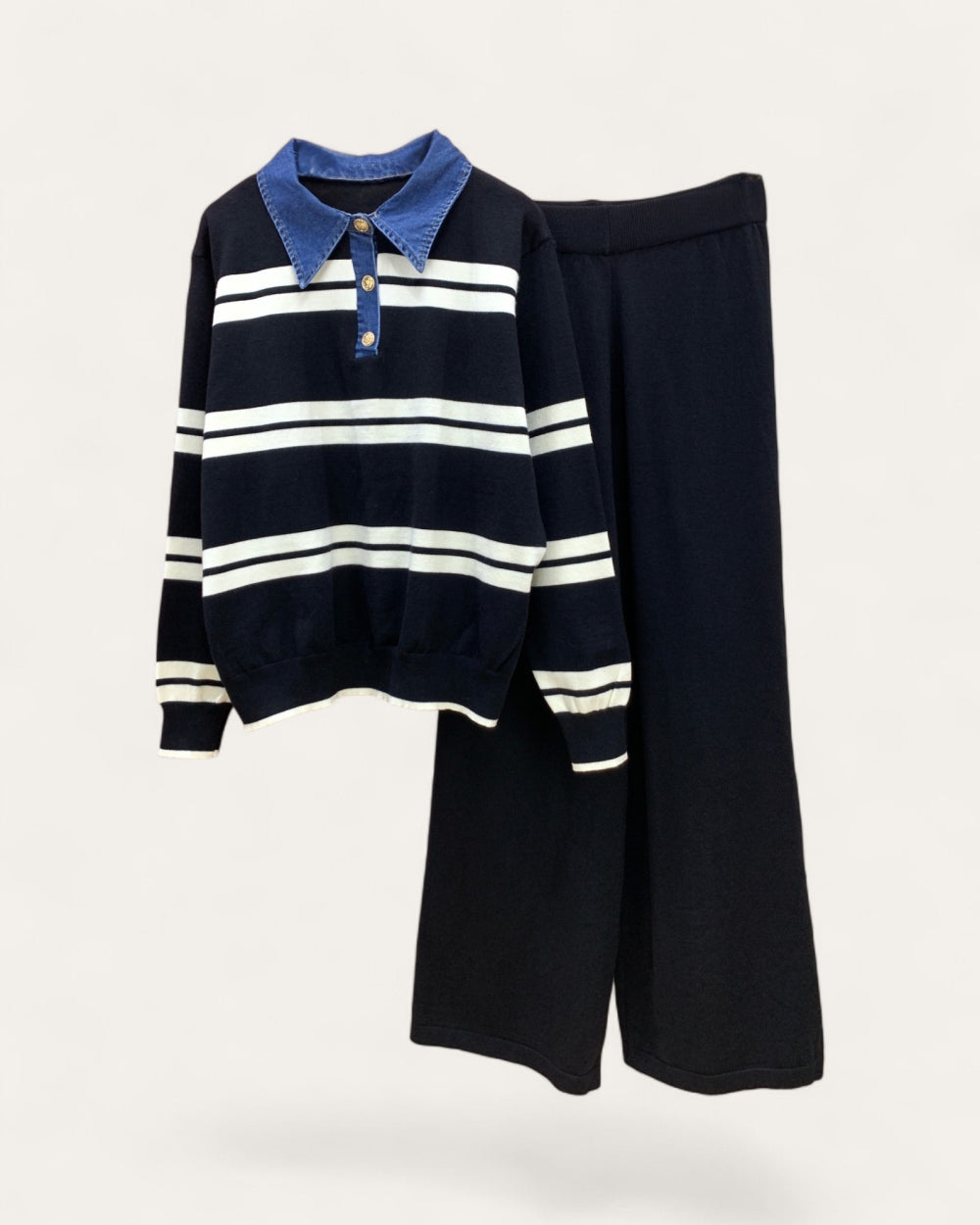 Contrast-Collar Striped Knit Lounge Set - Zilvina