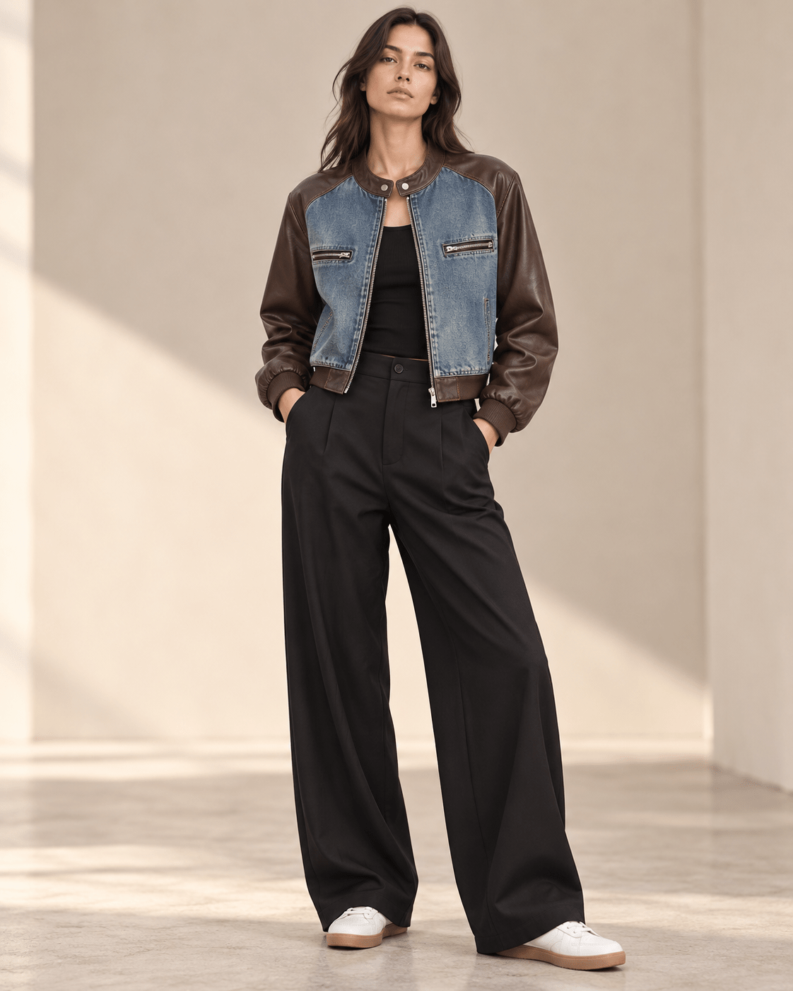 Contrast Faux Leather Sleeve Denim Jacket - Zilvina