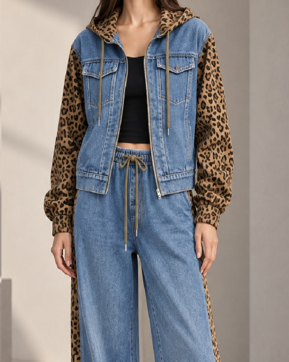 Contrast Side Panel Wide-Leg Denim Pants - Zilvina